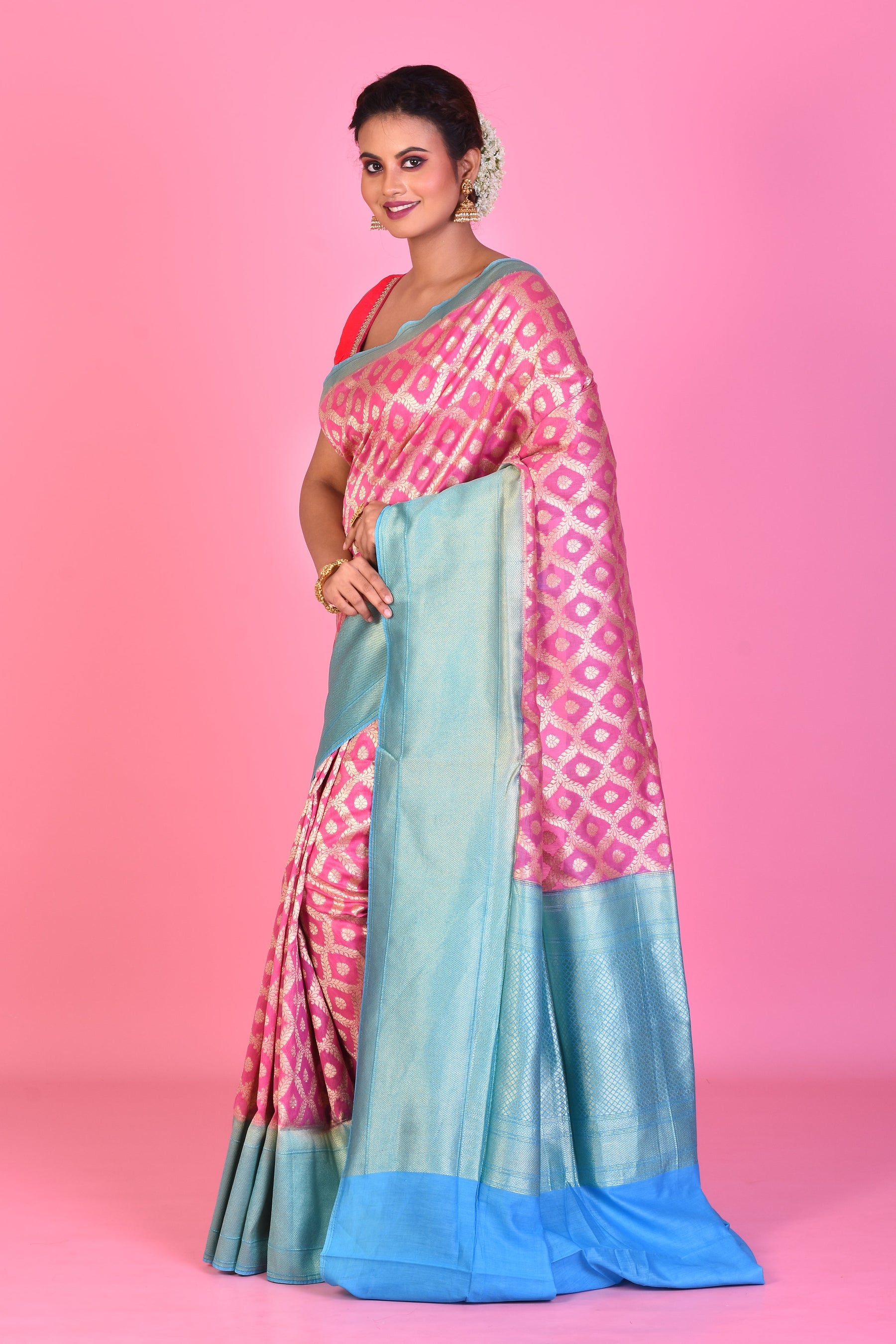 Pink Blended Dupion Silk Saree with Sky Blue Borders - Keya Seth Exclusive