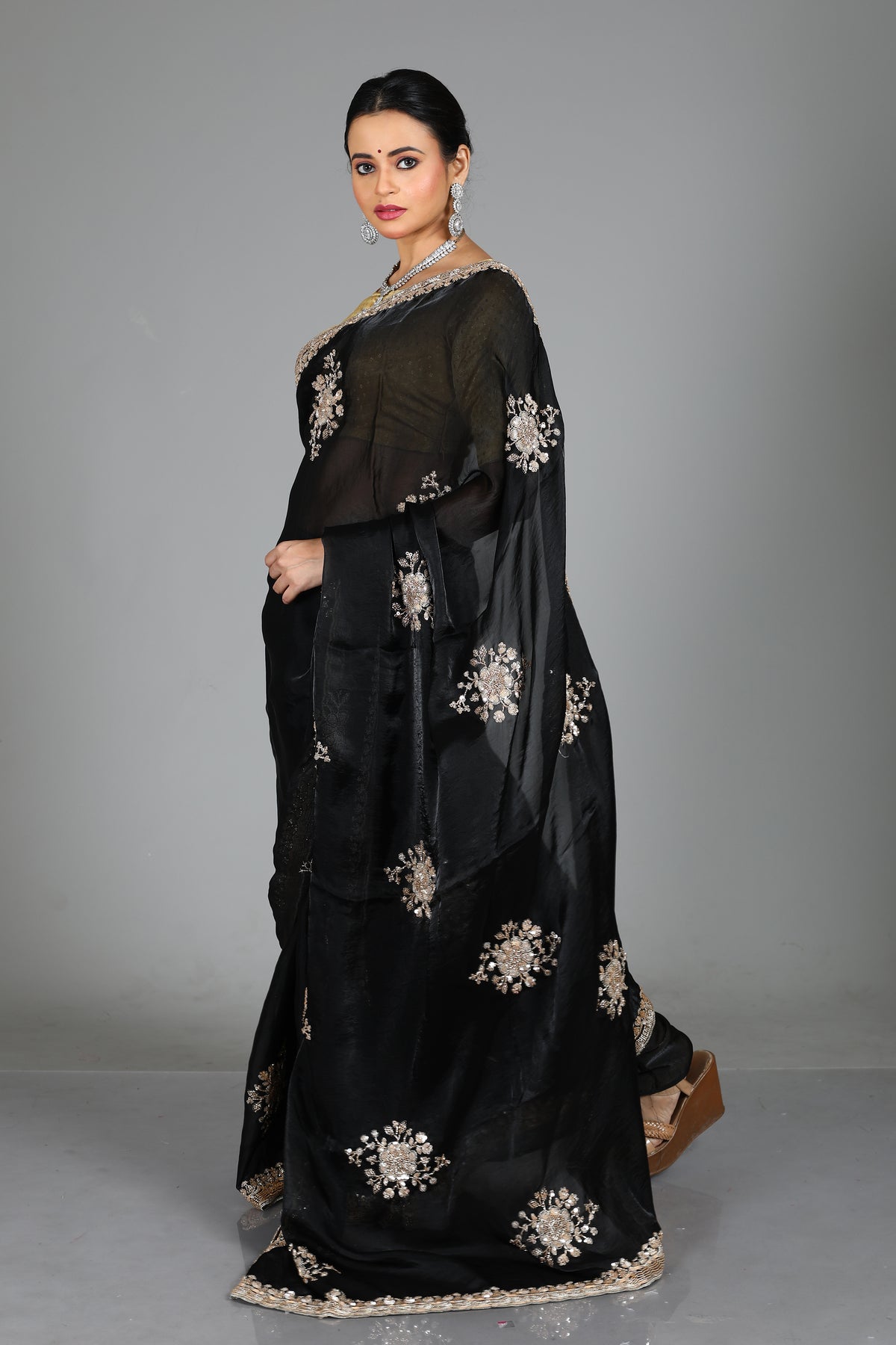Black Blended Georgette Saree