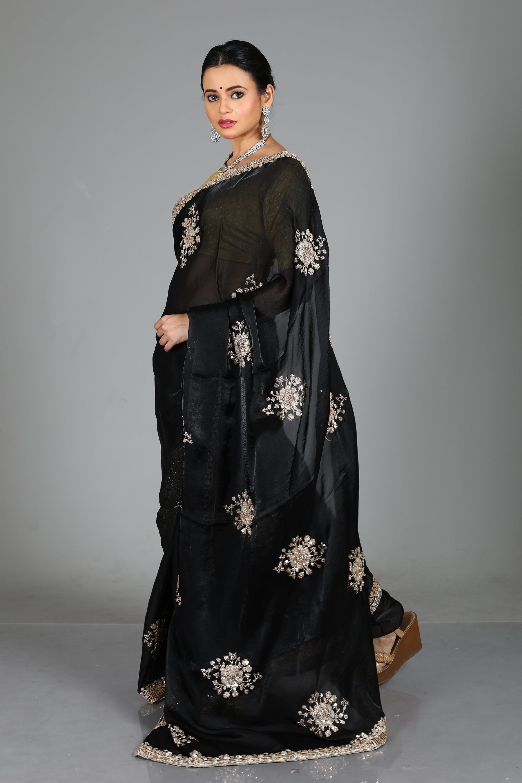 Black Blended Georgette Saree