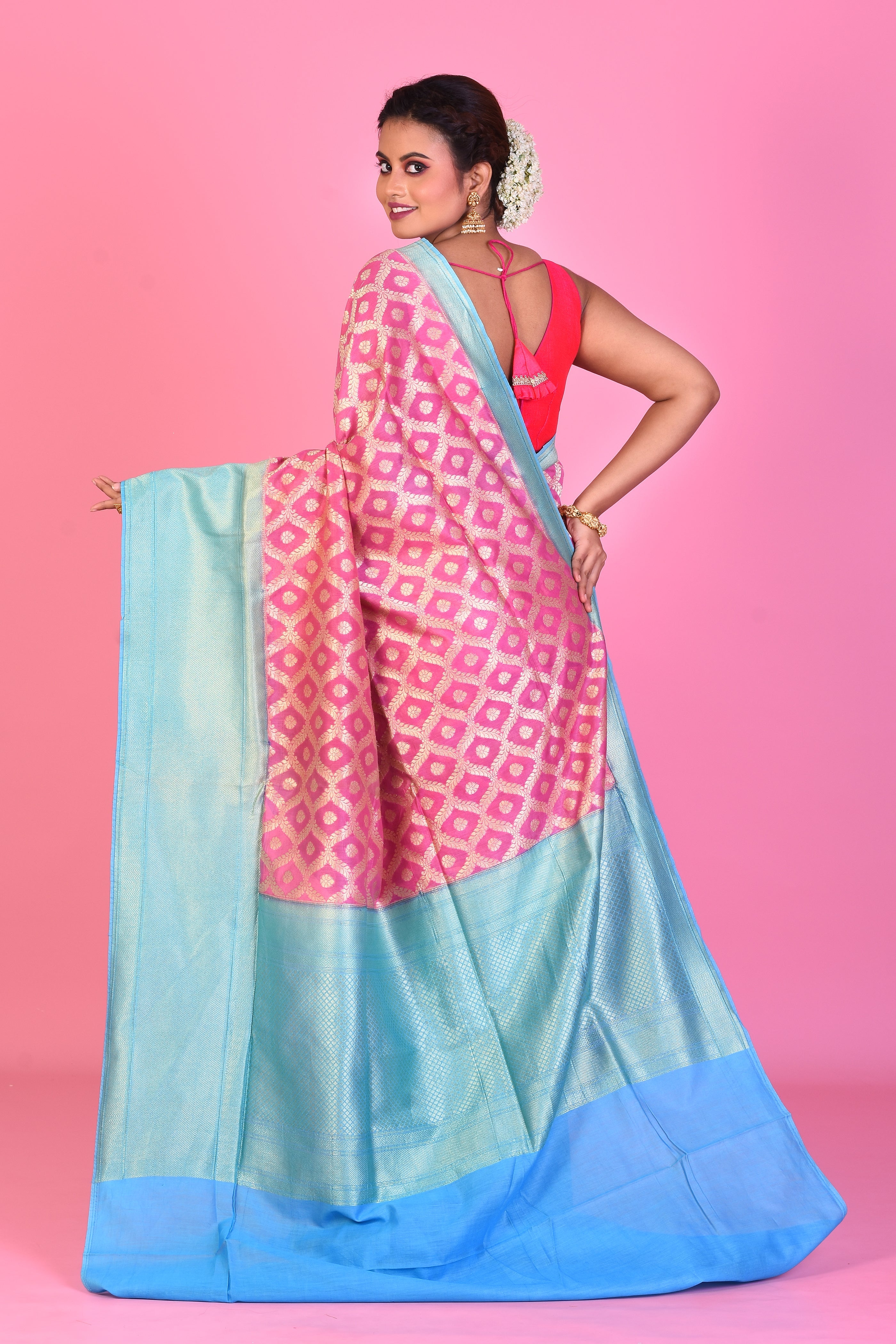 Pink Blended Dupion Silk Saree with Sky Blue Borders - Keya Seth Exclusive