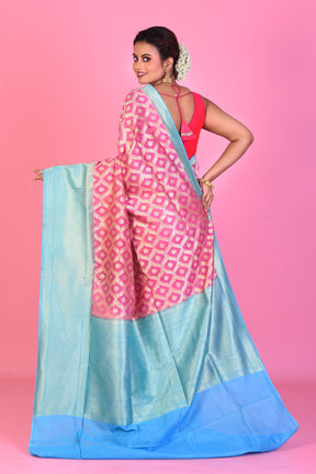 Pink Blended Dupion Silk Saree with Sky Blue Borders - Keya Seth Exclusive