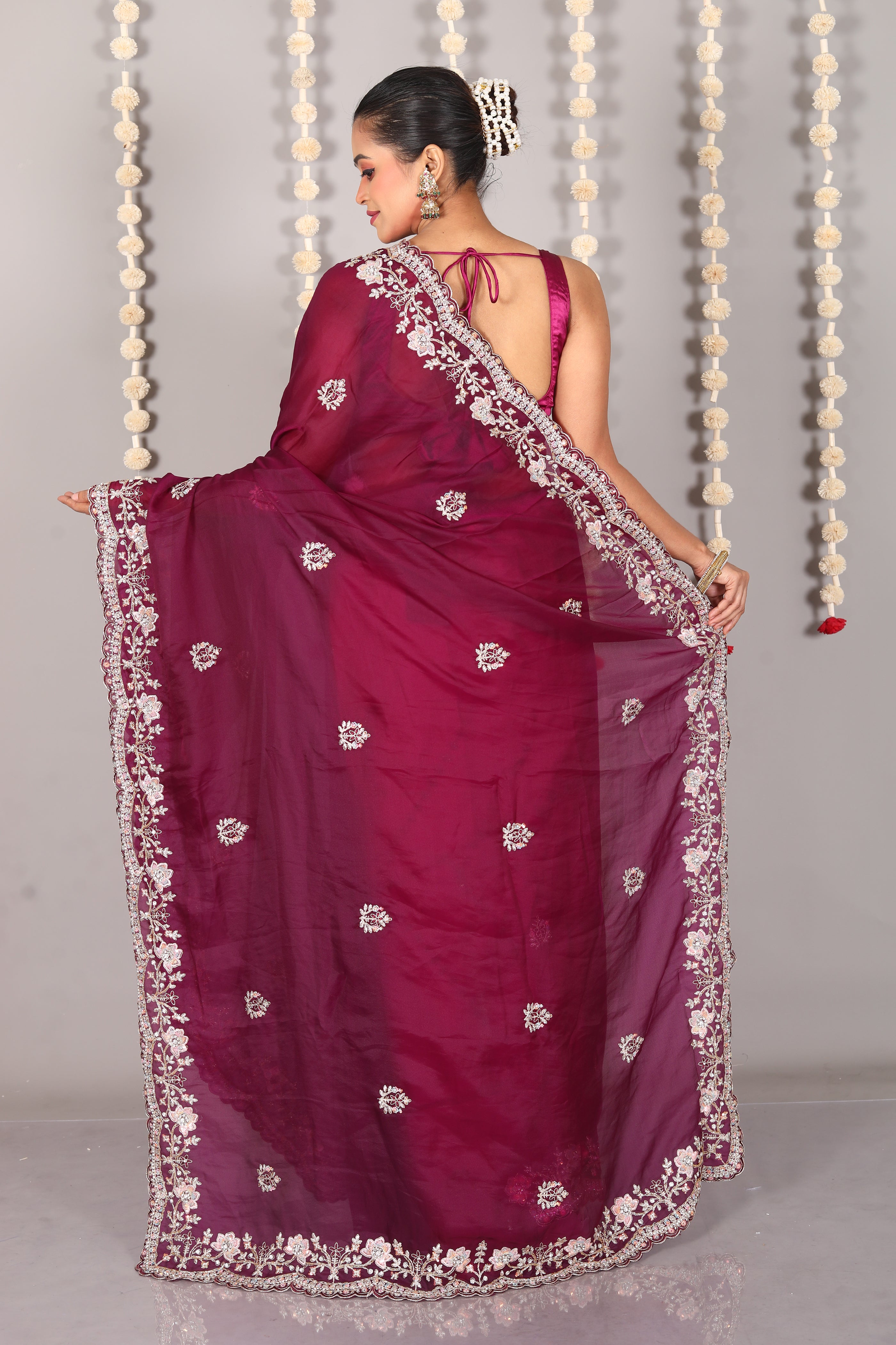 Wine Blended Satin Silk Saree - Keya Seth Exclusive