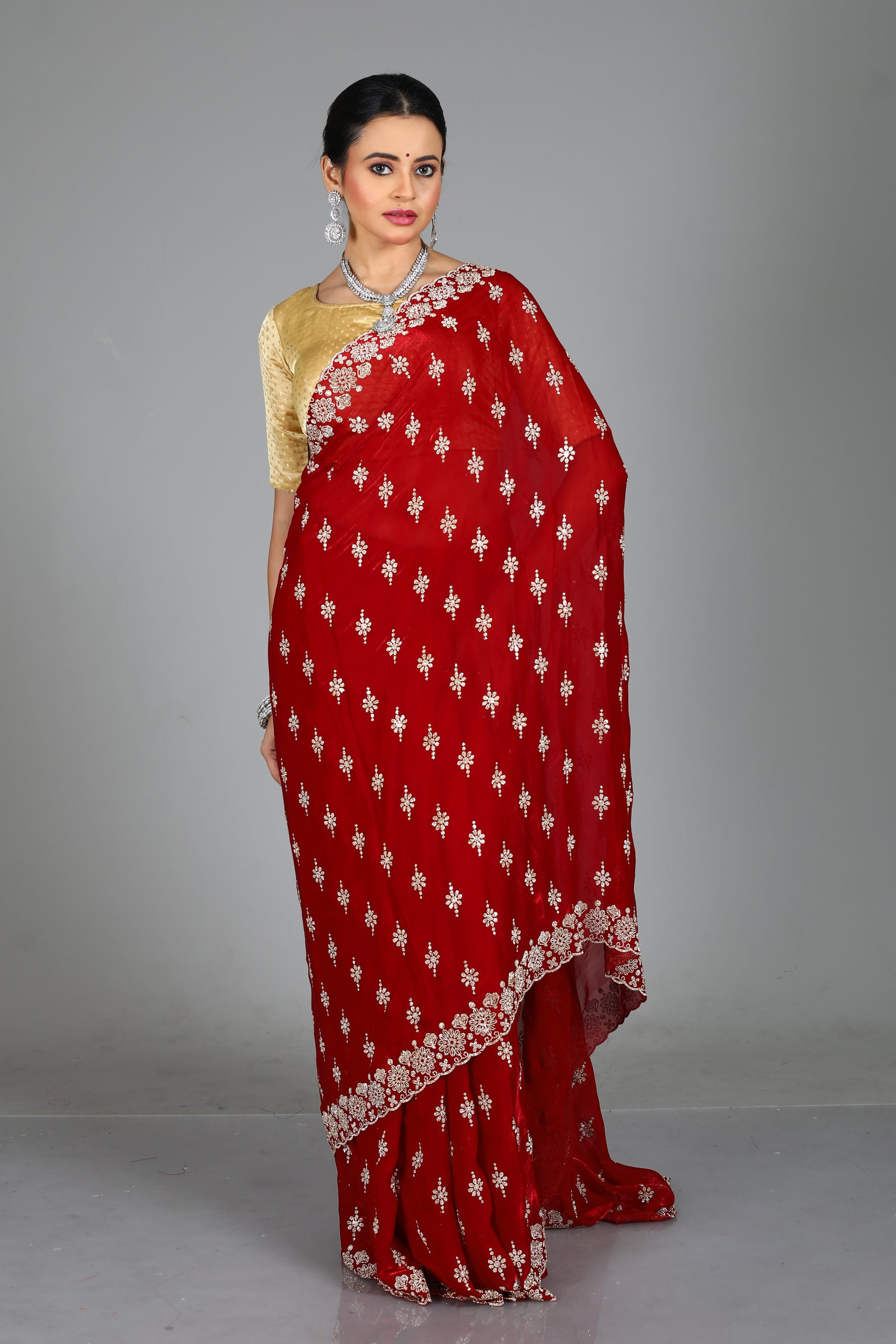 Red Blended Georgette Saree