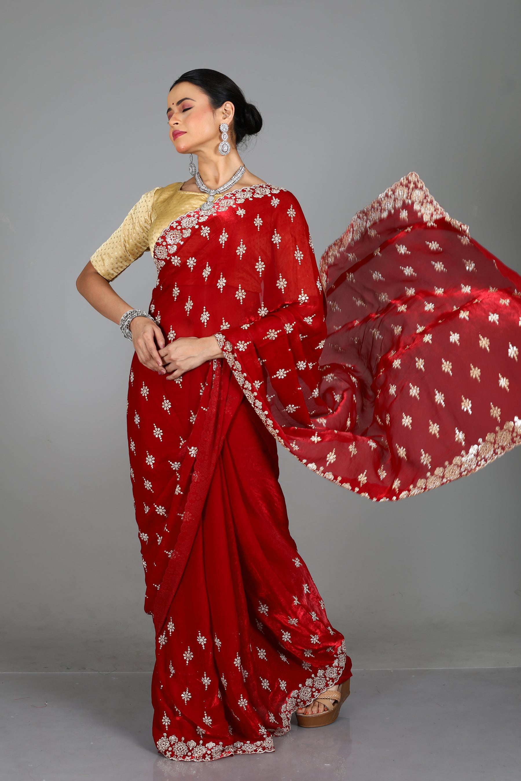 Red Blended Georgette Saree