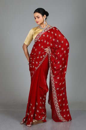 Red Blended Georgette Saree