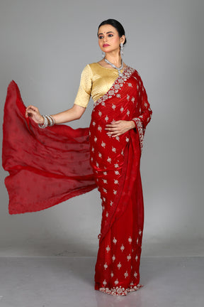 Red Blended Georgette Saree