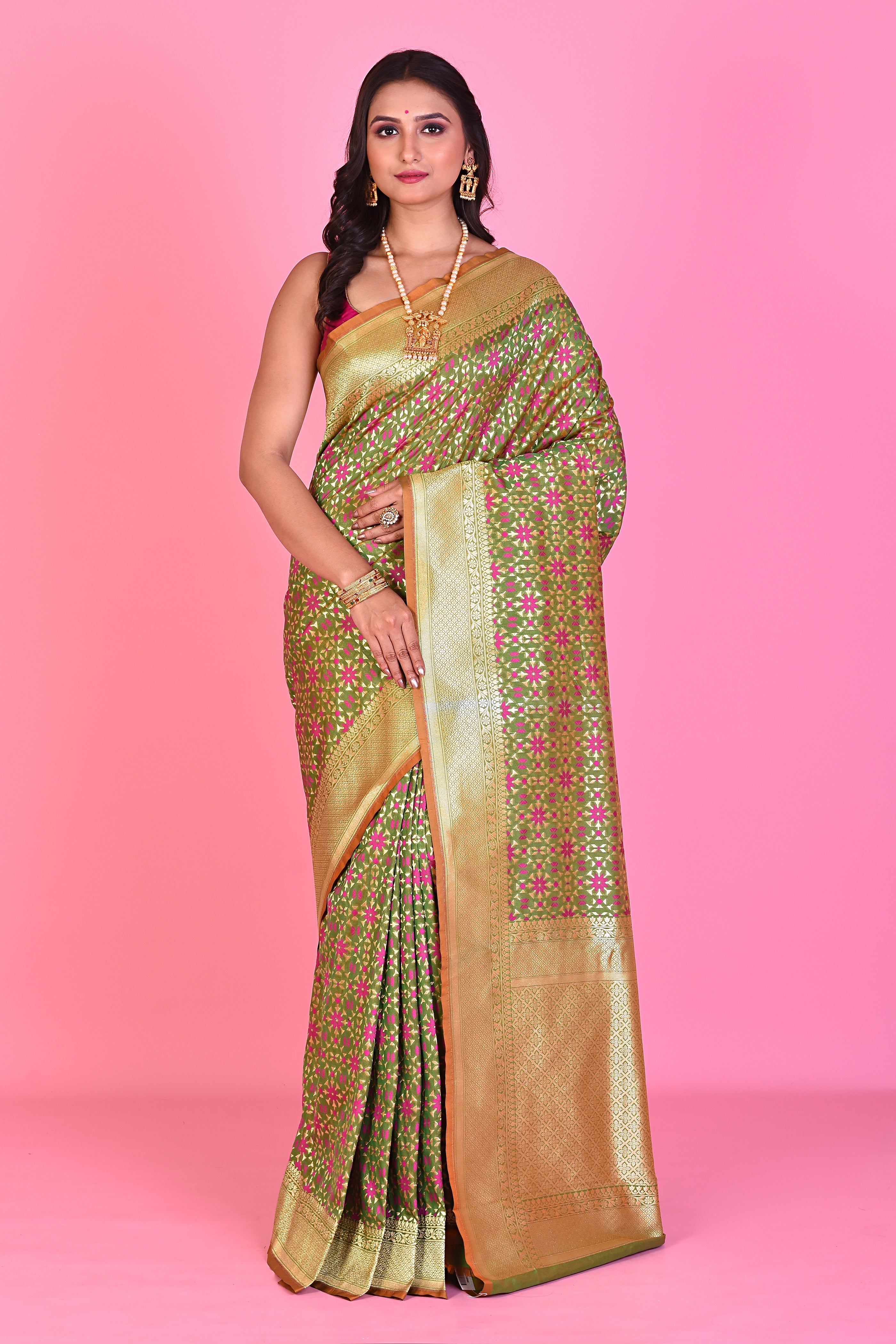 Green Blended Silk Saree with Golden Borders - Keya Seth Exclusive