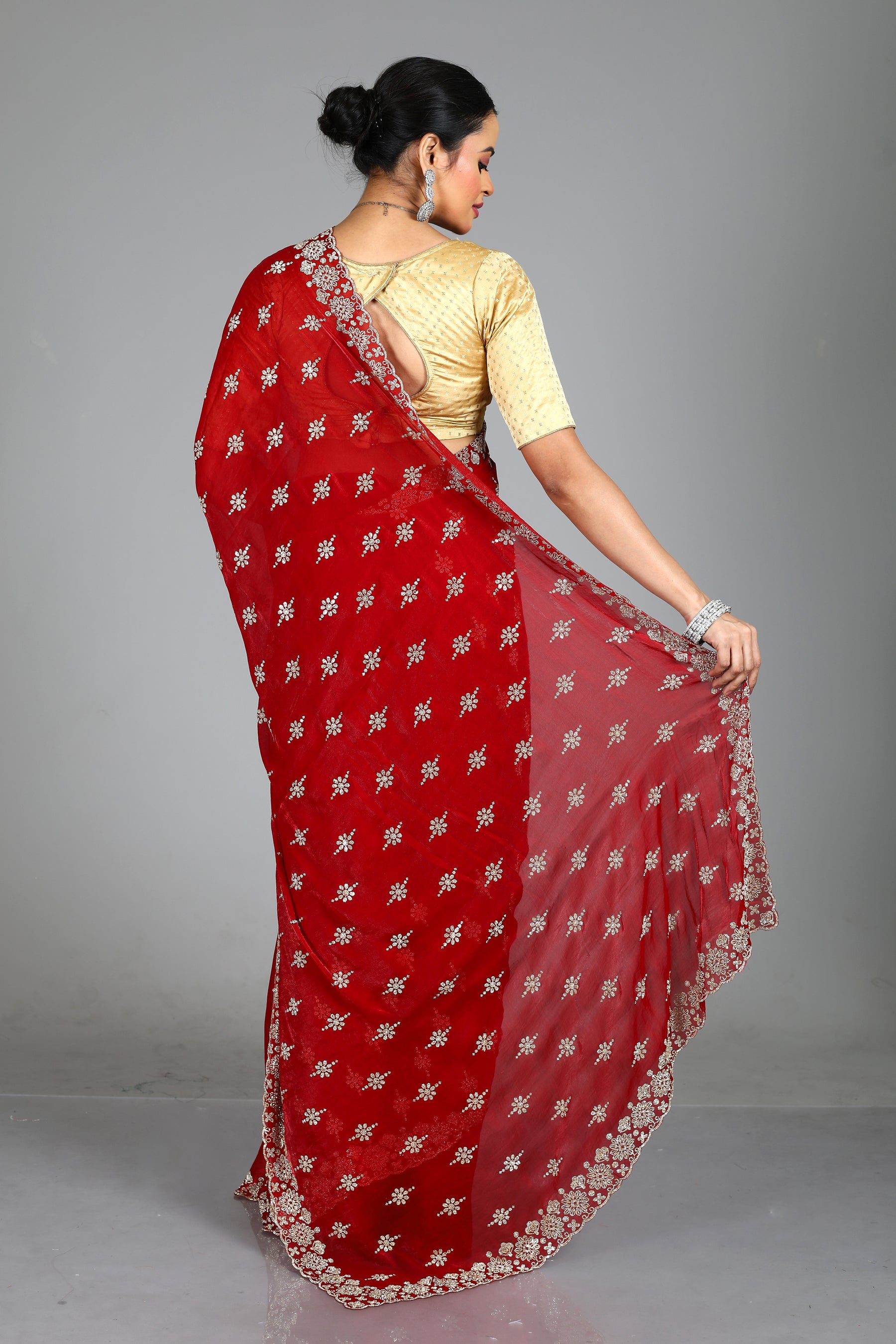Red Blended Georgette Saree
