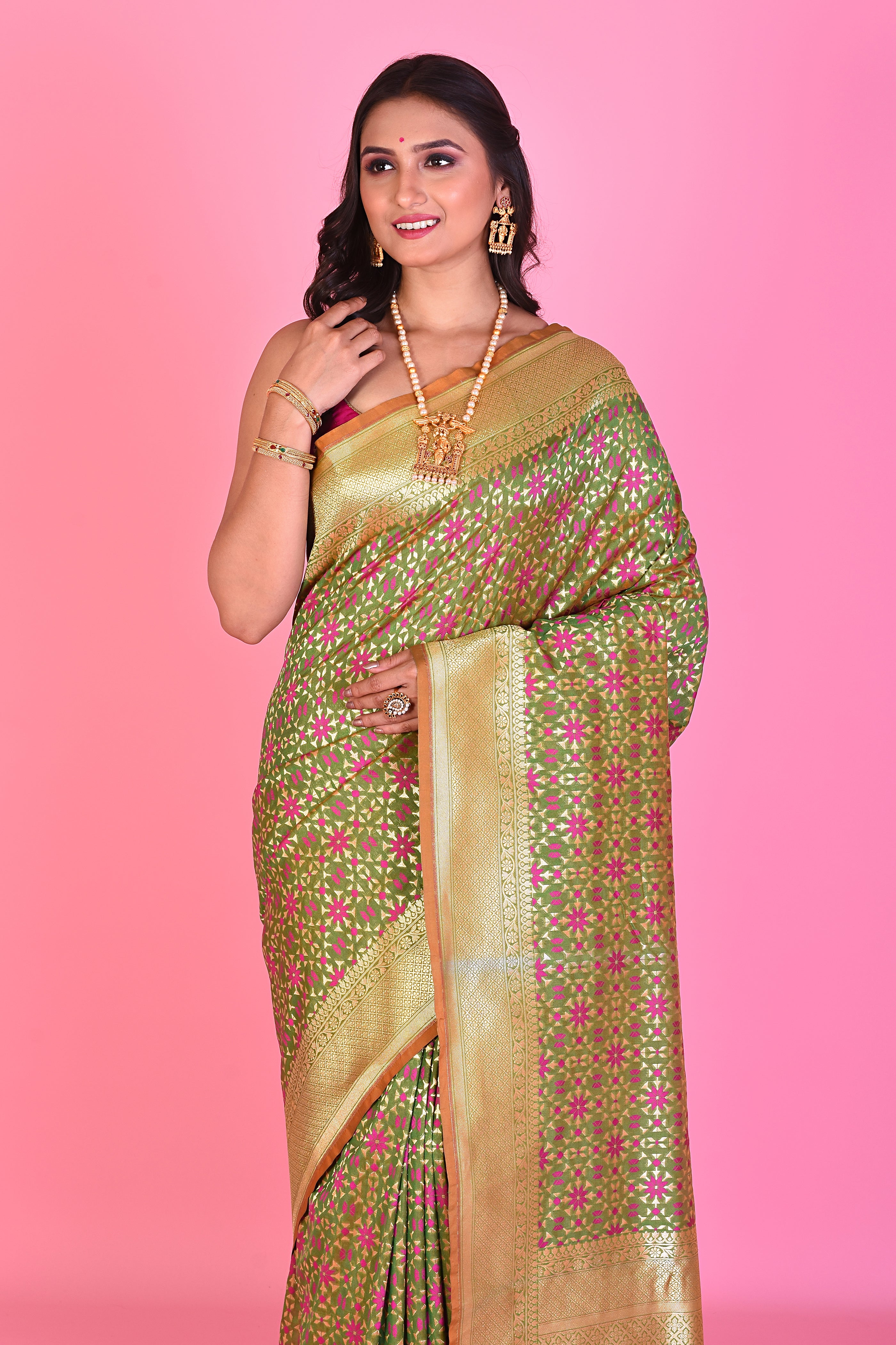 Green Blended Silk Saree with Golden Borders - Keya Seth Exclusive