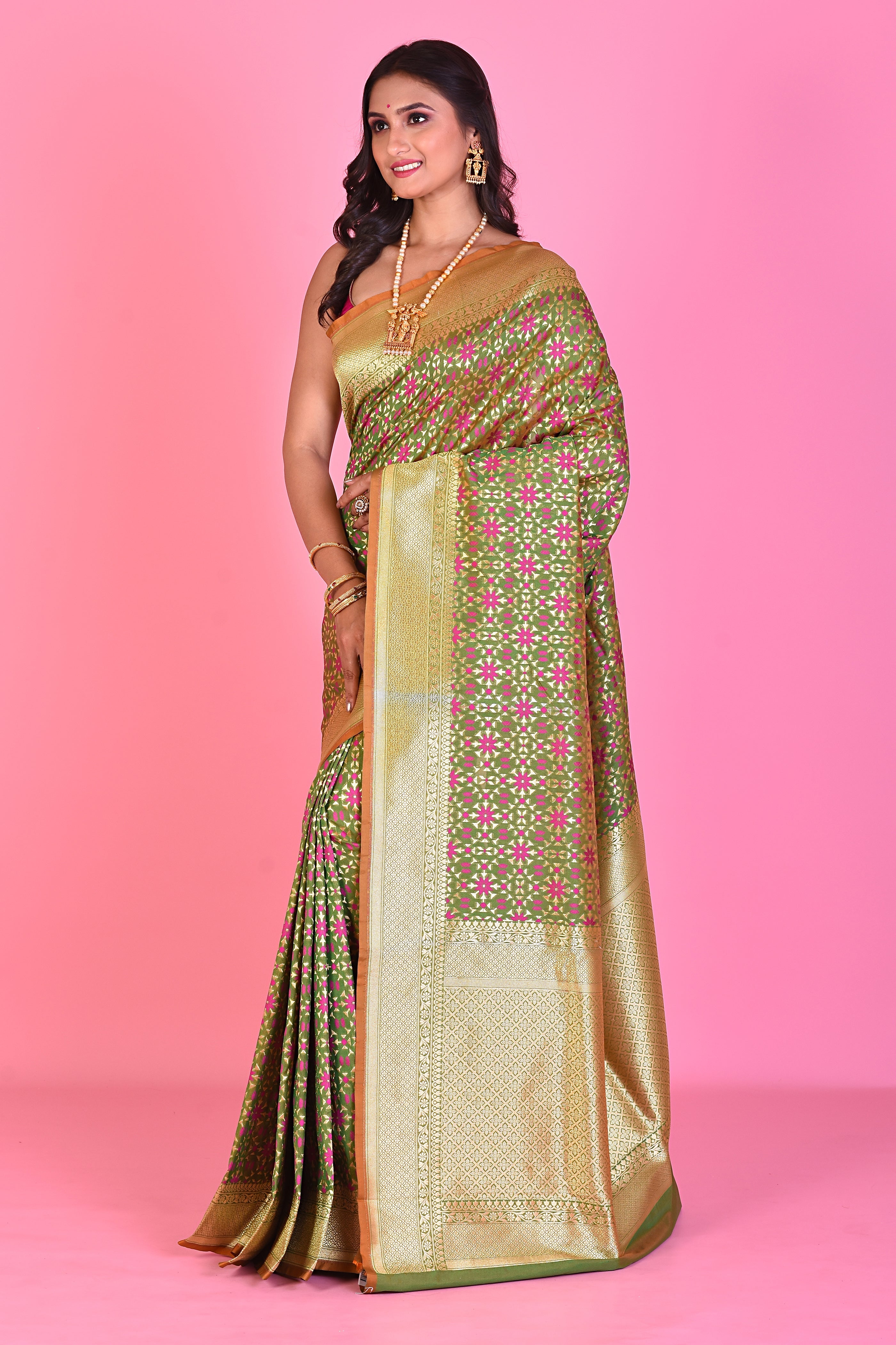 Green Blended Silk Saree with Golden Borders - Keya Seth Exclusive