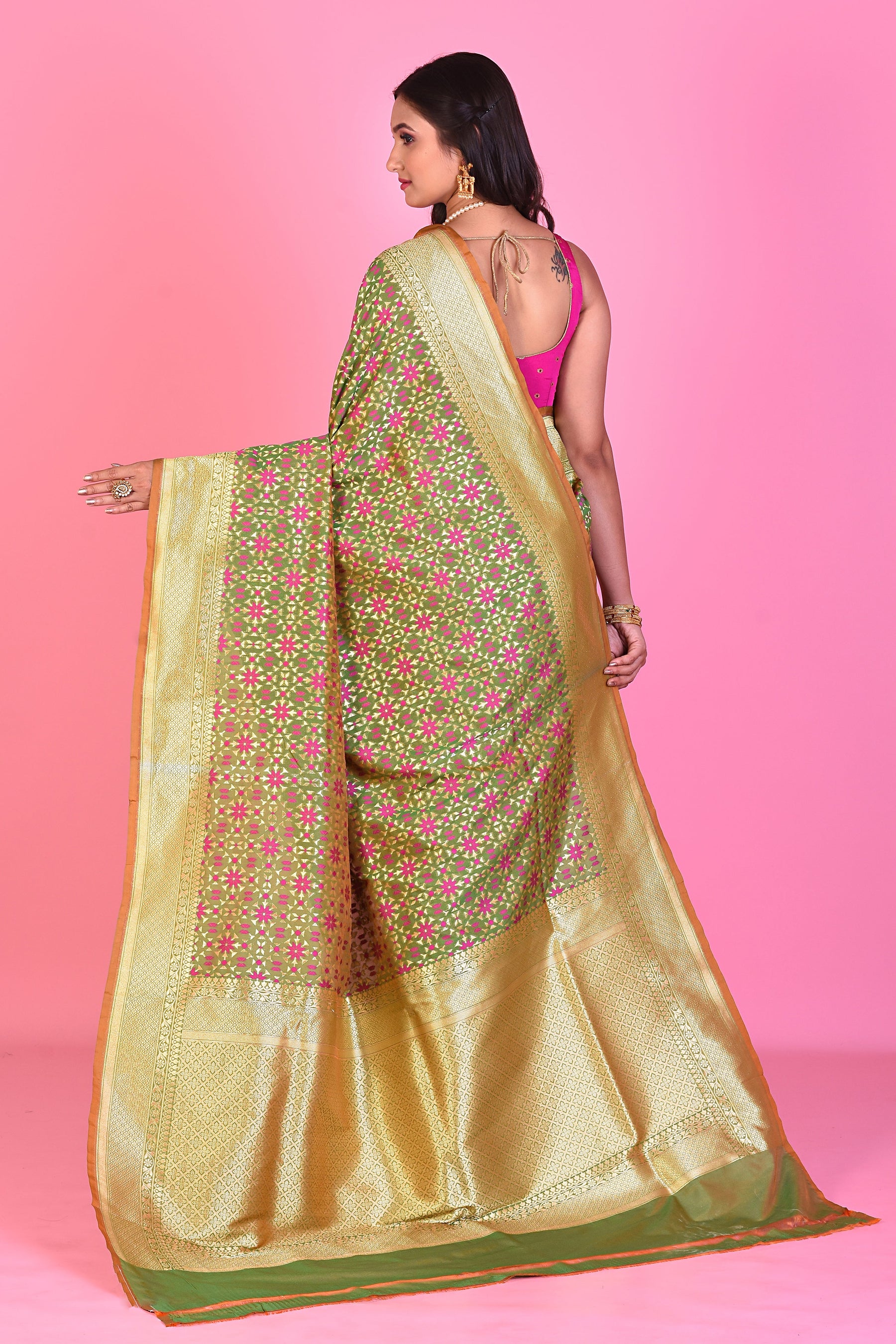 Green Blended Silk Saree with Golden Borders - Keya Seth Exclusive