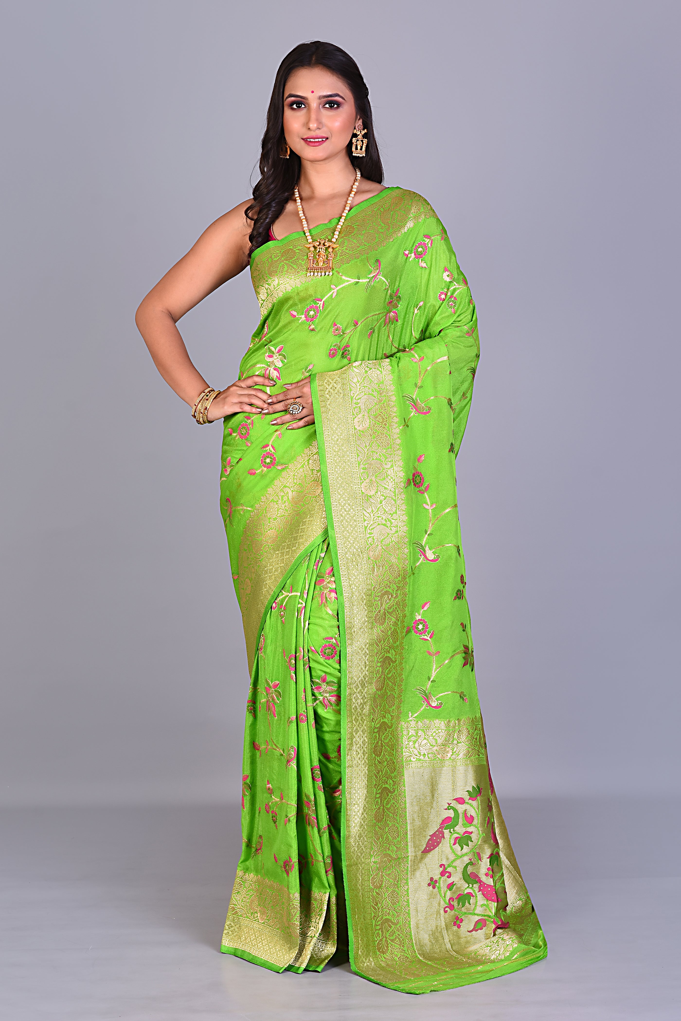 Designer Parrot Green Georgette Khaddi Saree with Jal Work - Keya Seth Exclusive