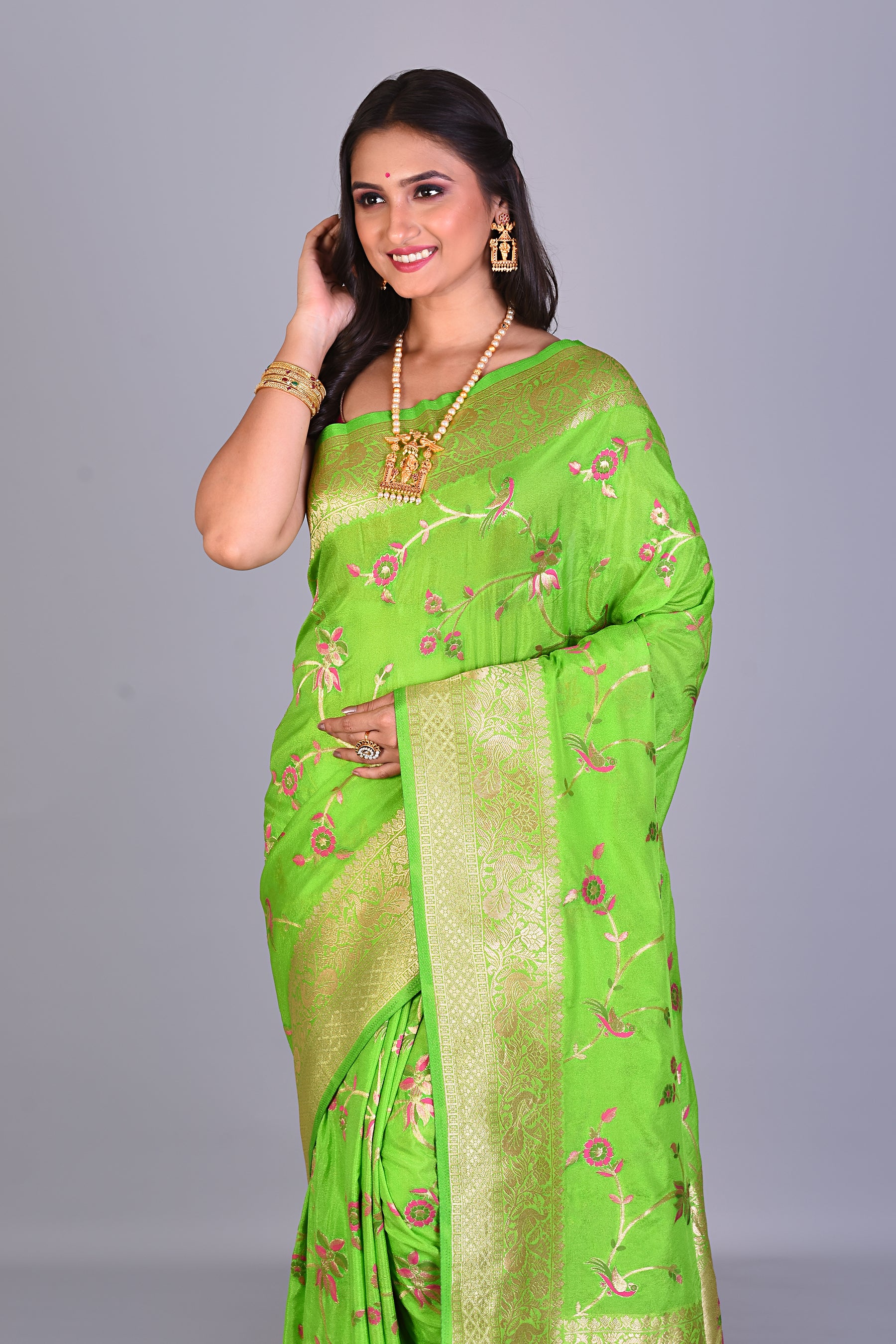 Designer Parrot Green Georgette Khaddi Saree with Jal Work - Keya Seth Exclusive