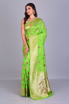 Designer Parrot Green Georgette Khaddi Saree with Jal Work - Keya Seth Exclusive