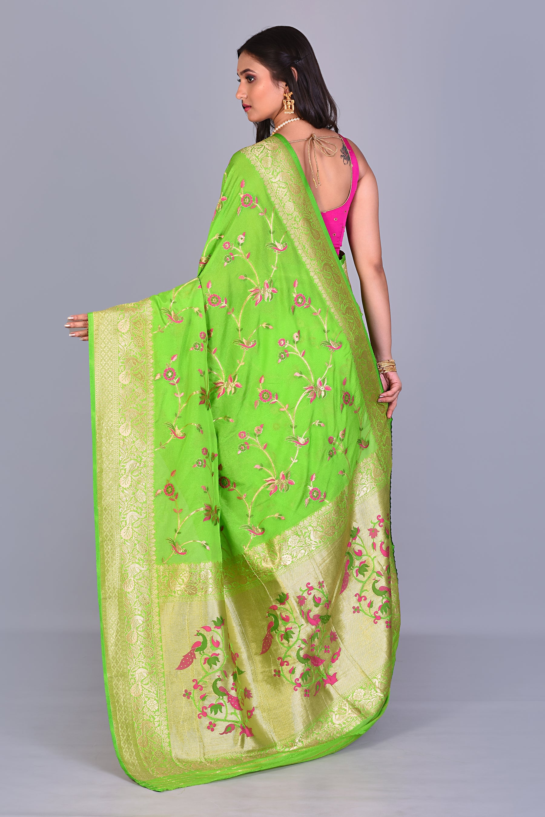 Designer Parrot Green Georgette Khaddi Saree with Jal Work - Keya Seth Exclusive