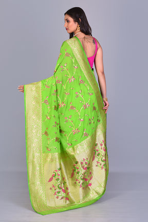 Designer Parrot Green Georgette Khaddi Saree with Jal Work - Keya Seth Exclusive