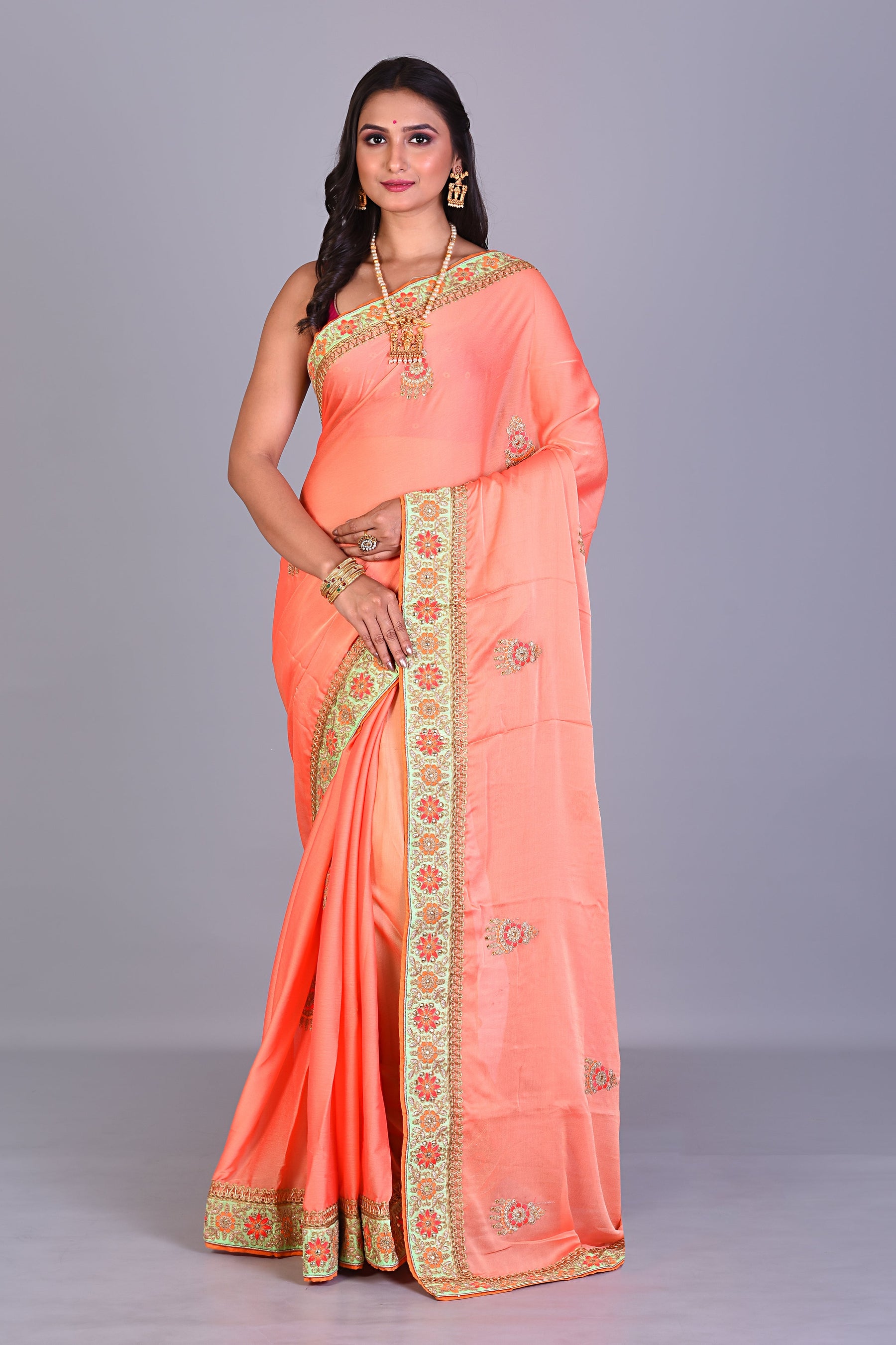 Orange Blended Silk Saree with Golden Borders - Keya Seth Exclusive