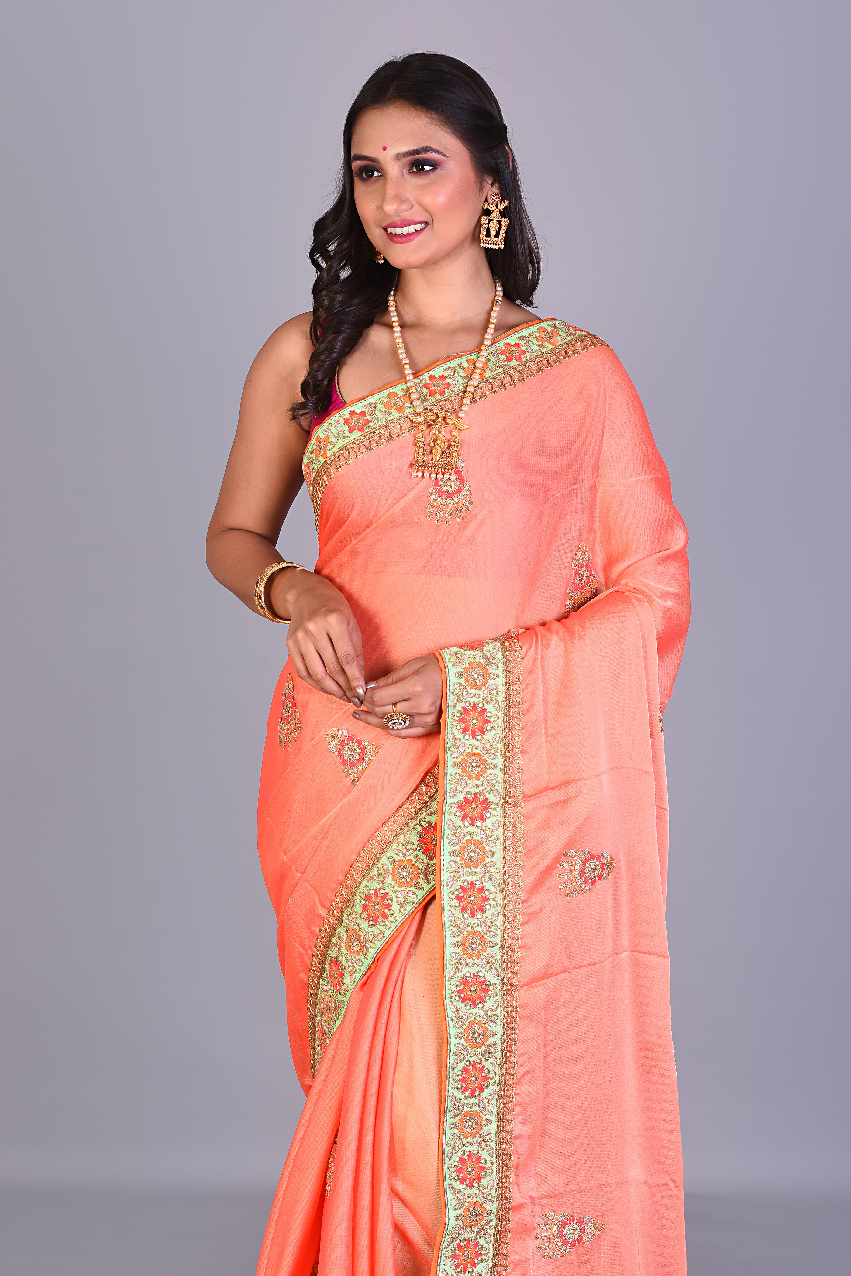 Orange Blended Silk Saree with Golden Borders - Keya Seth Exclusive