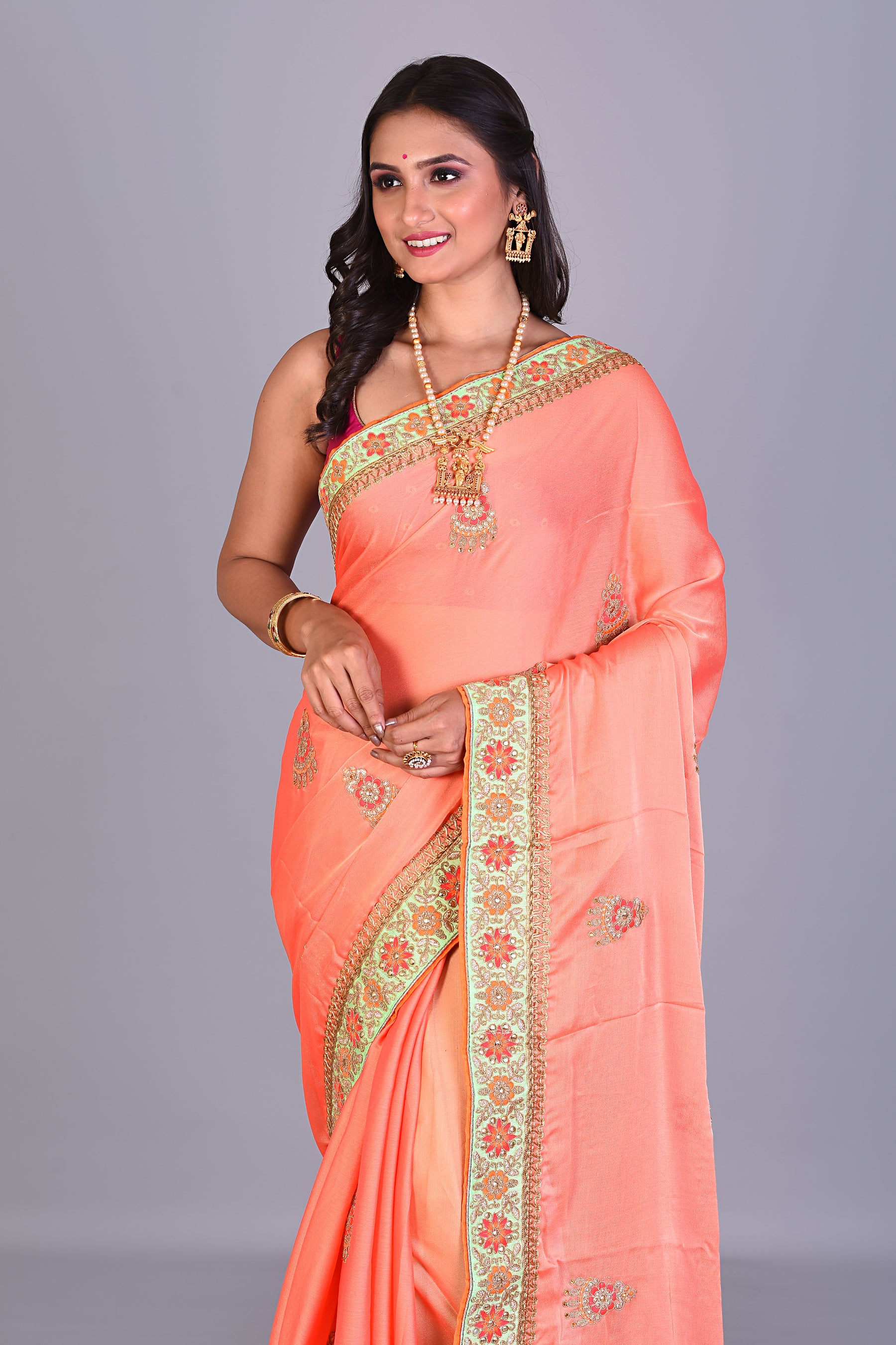 Orange Blended Silk Saree with Golden Borders - Keya Seth Exclusive