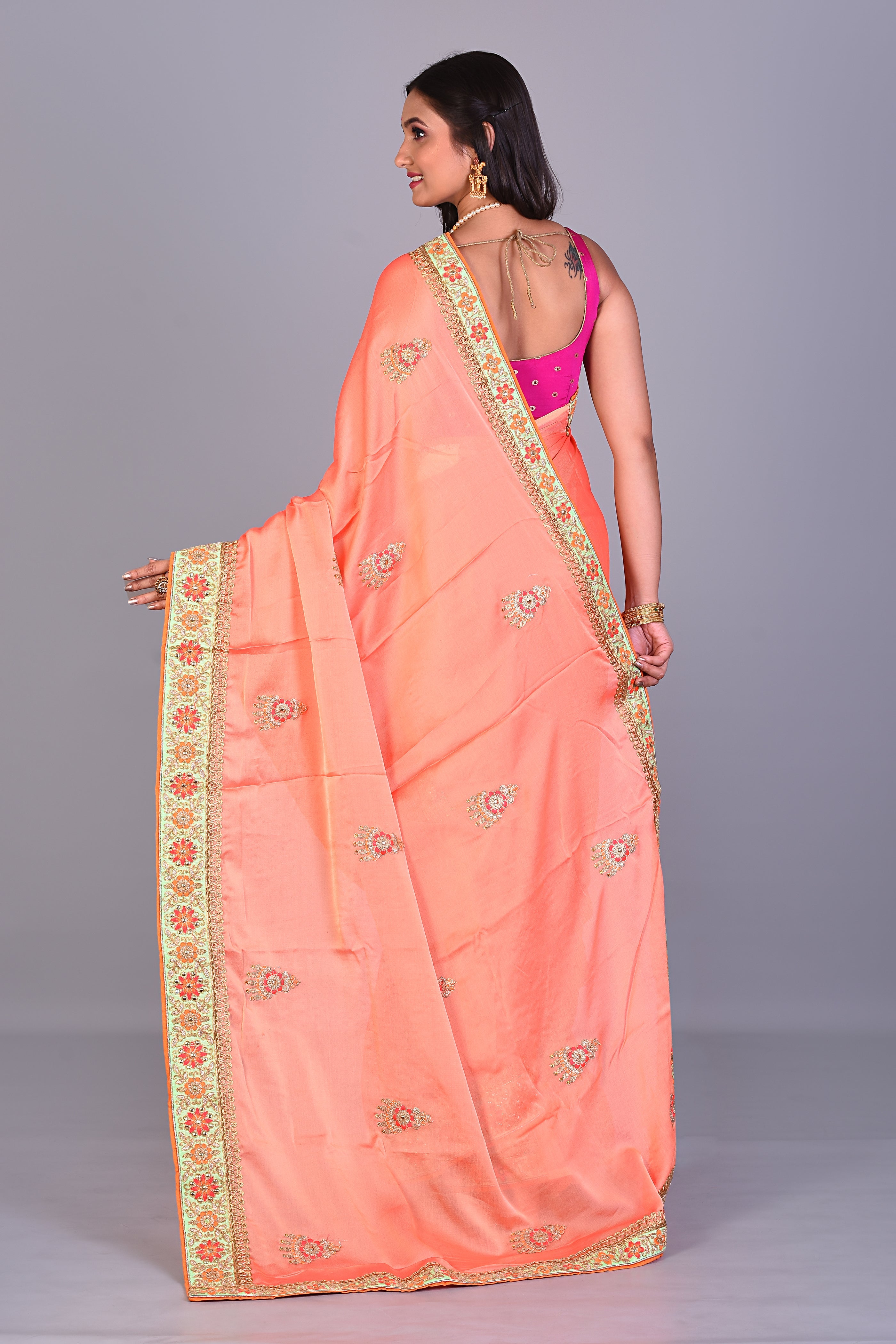 Orange Blended Silk Saree with Golden Borders - Keya Seth Exclusive