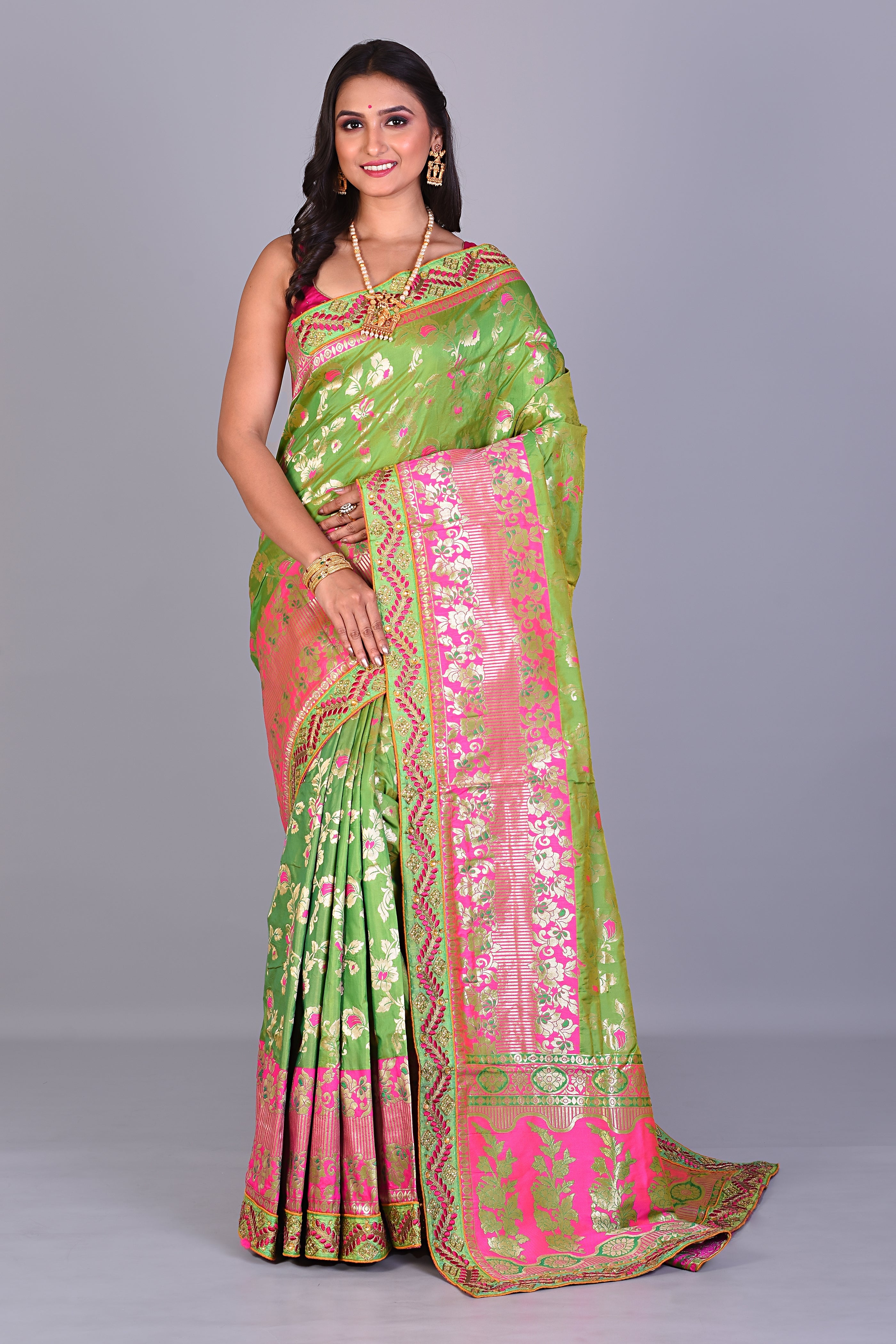 Parrot Green Blended Silk Saree with Meenakari Works - Keya Seth Exclusive