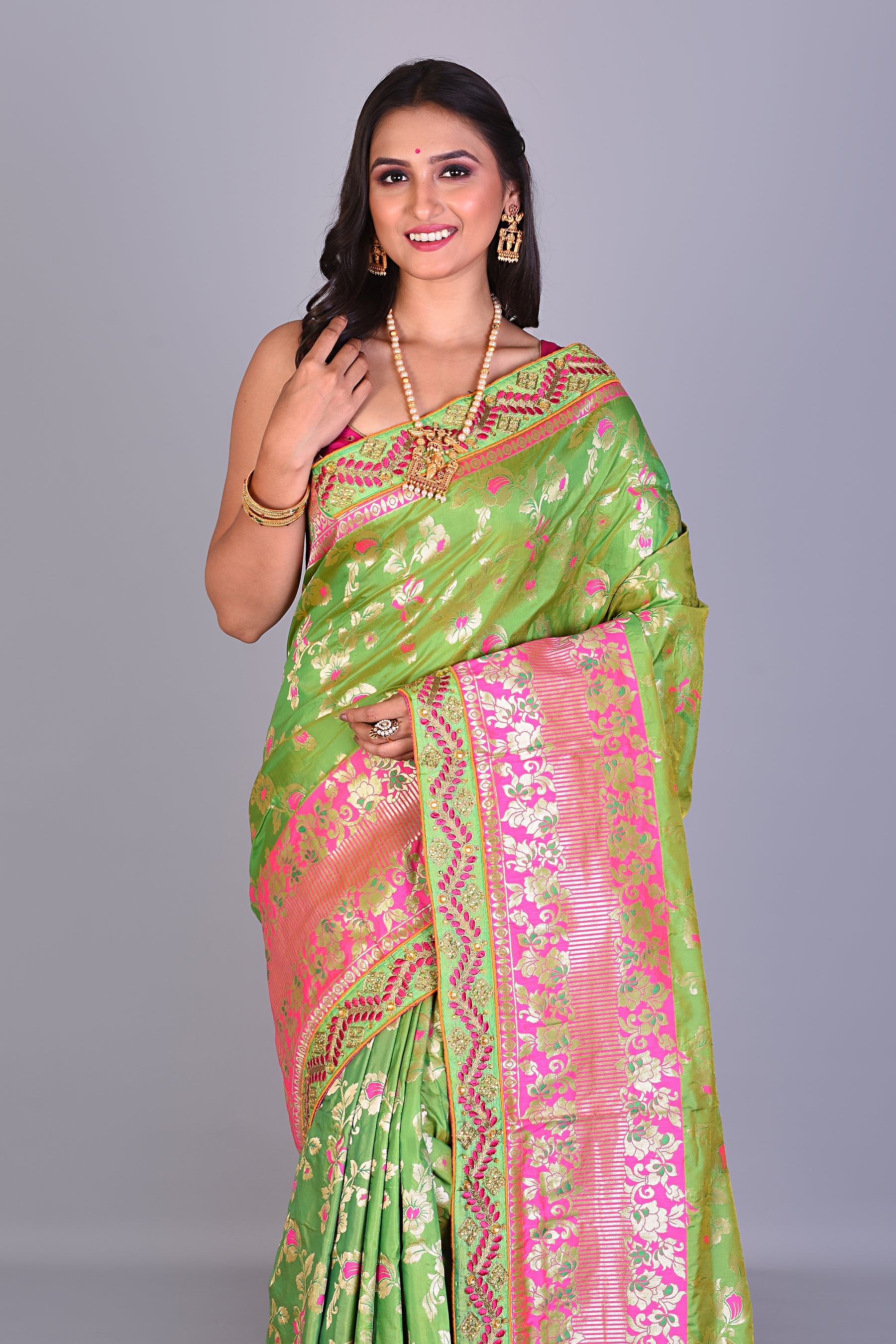 Parrot Green Blended Silk Saree with Meenakari Works - Keya Seth Exclusive