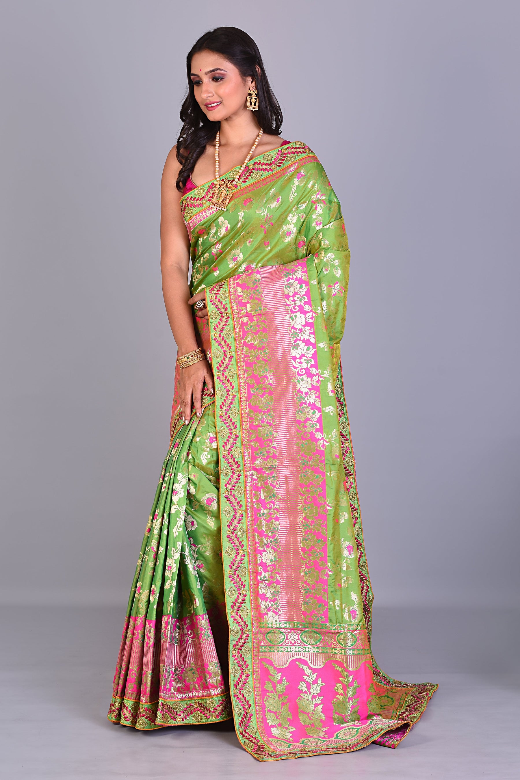 Parrot Green Blended Silk Saree with Meenakari Works - Keya Seth Exclusive