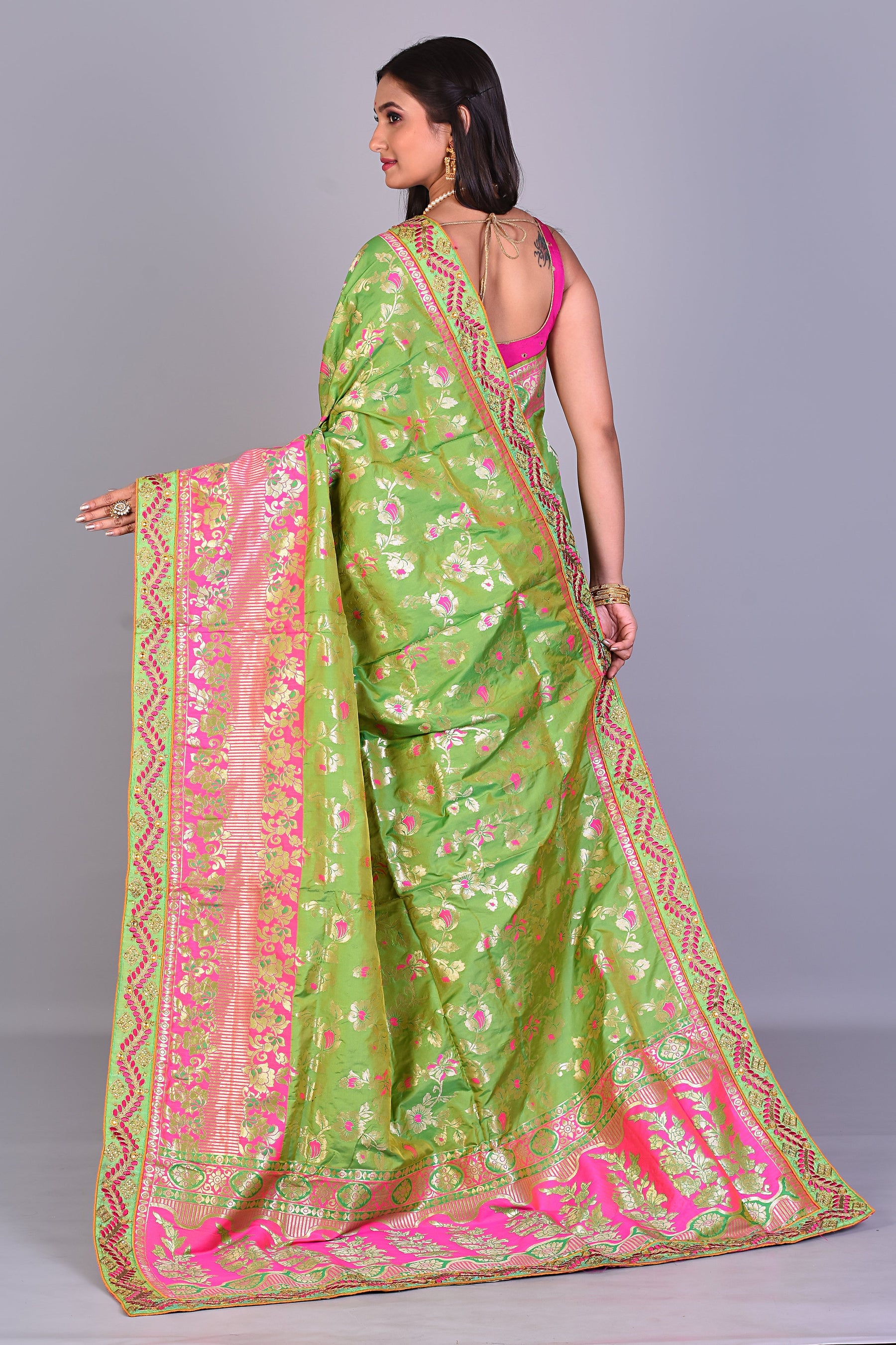 Parrot Green Blended Silk Saree with Meenakari Works - Keya Seth Exclusive