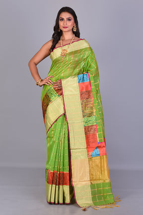 Parrot Green Blended Organza Saree with Golden Borders - Keya Seth Exclusive