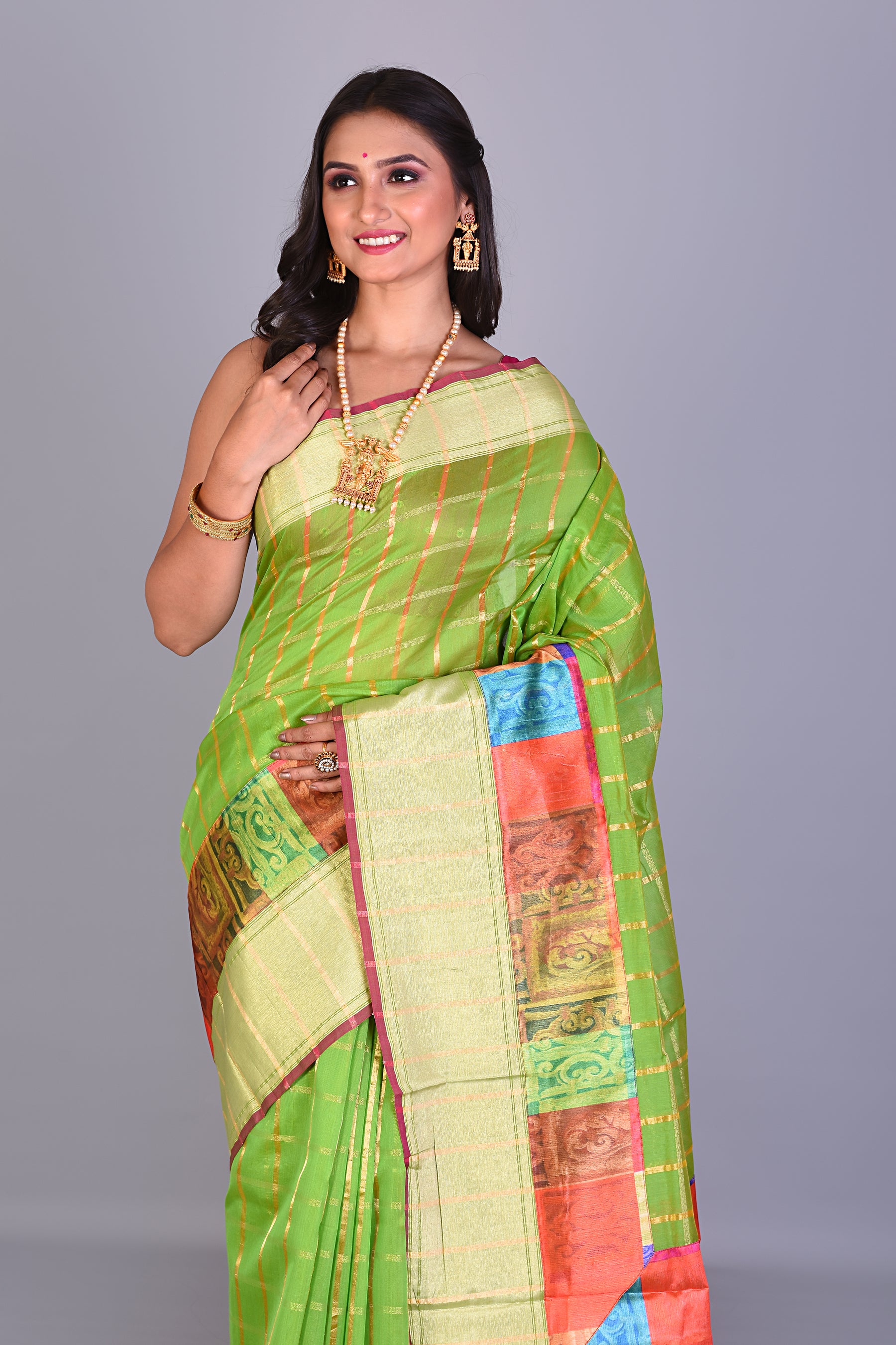 Parrot Green Blended Organza Saree with Golden Borders - Keya Seth Exclusive