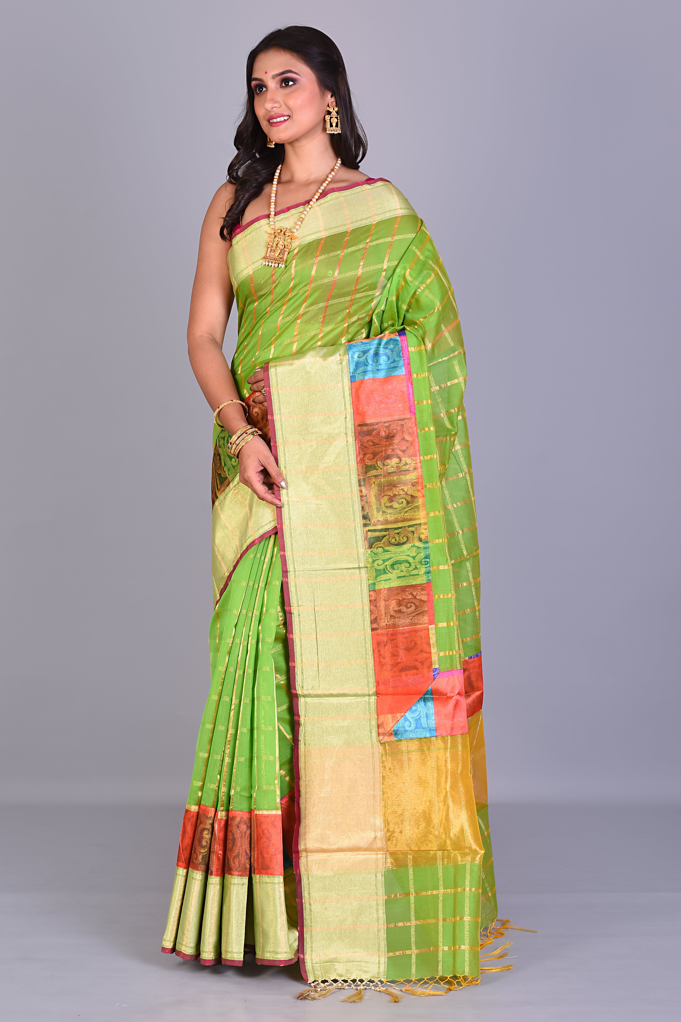 Parrot Green Blended Organza Saree with Golden Borders - Keya Seth Exclusive