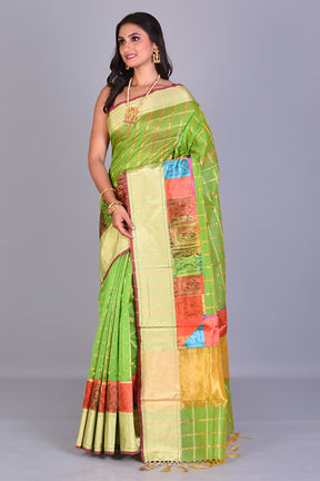 Parrot Green Blended Organza Saree with Golden Borders - Keya Seth Exclusive