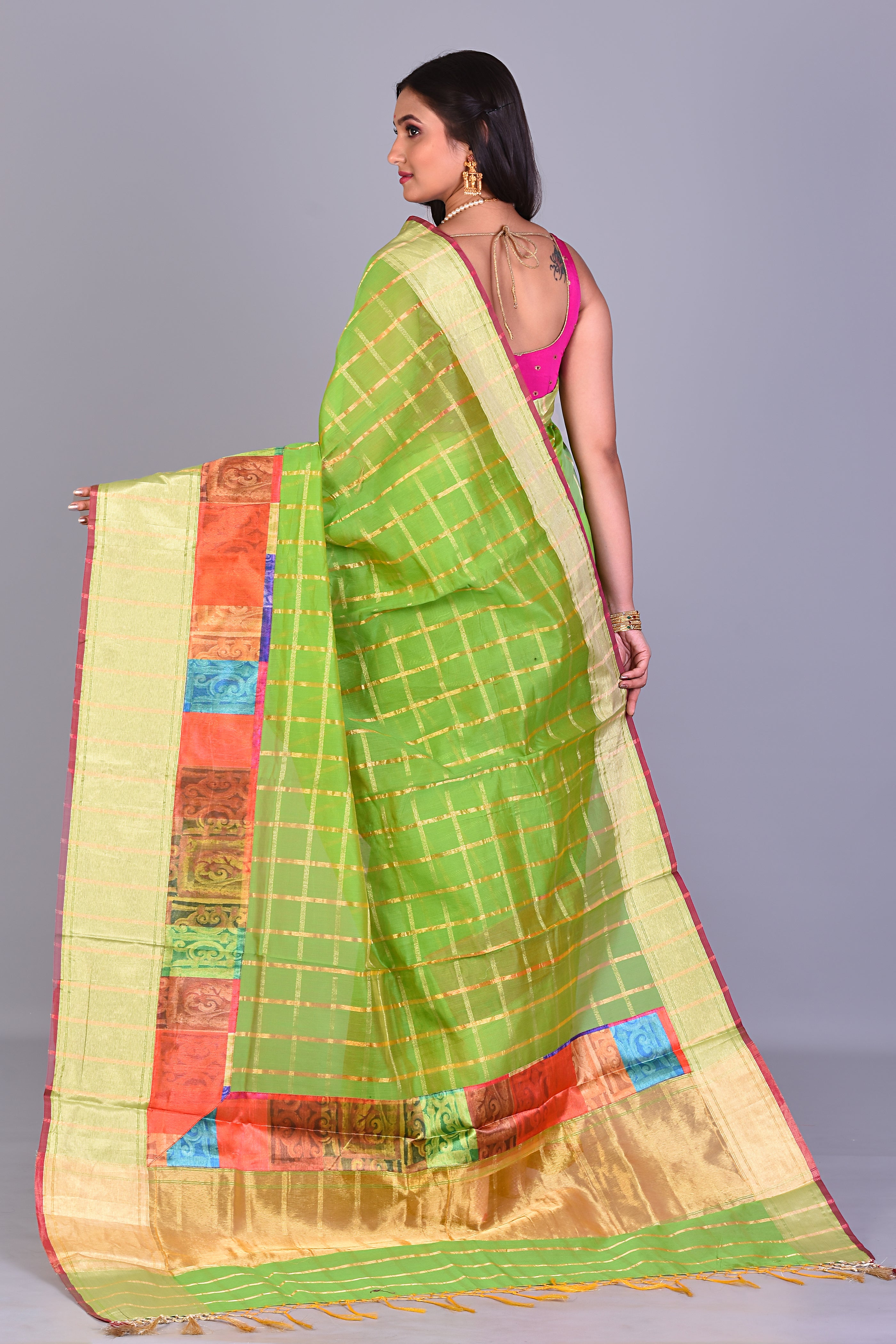 Parrot Green Blended Organza Saree with Golden Borders - Keya Seth Exclusive