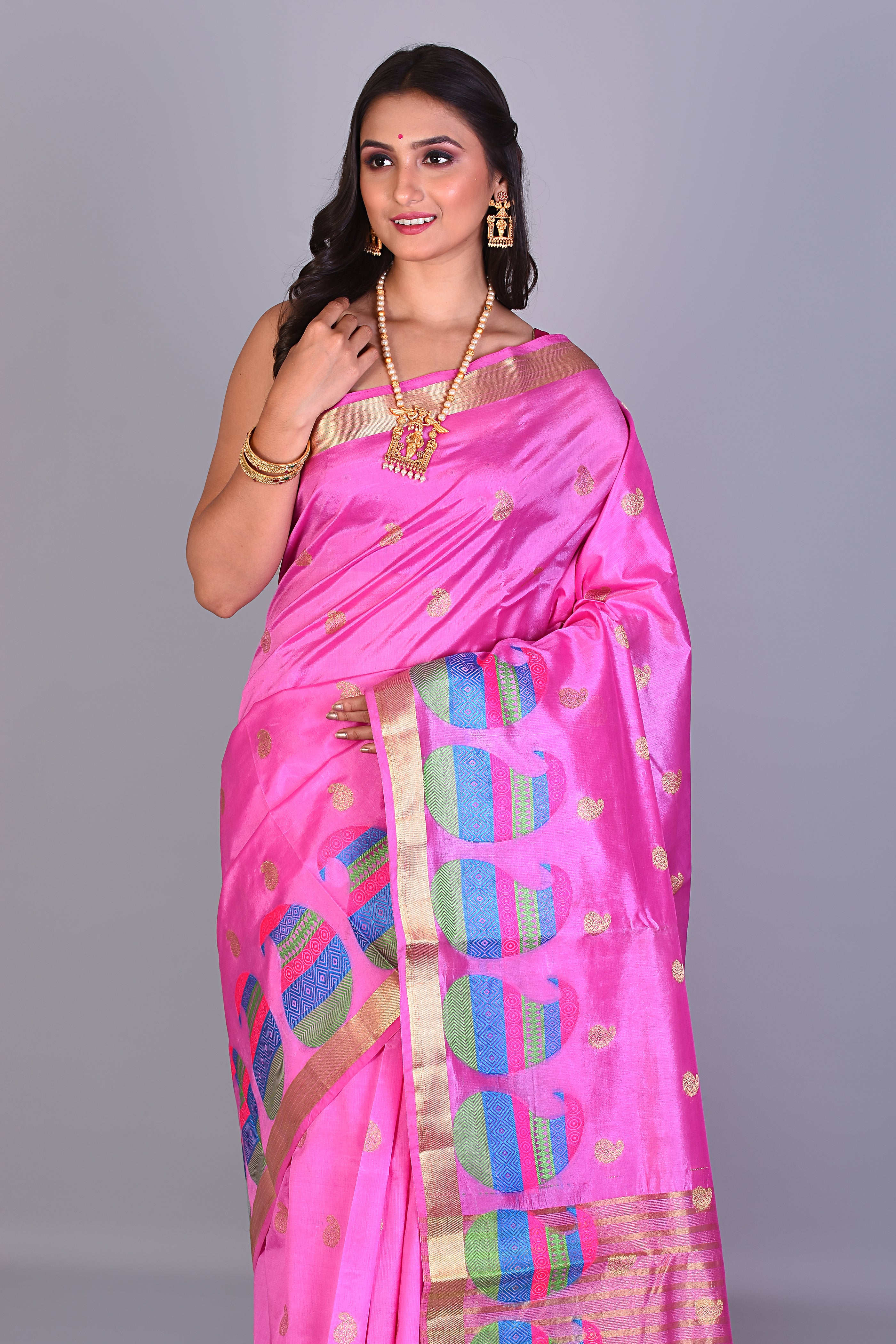 Pink Blended Silk Saree with Meenakari Works - Keya Seth Exclusive