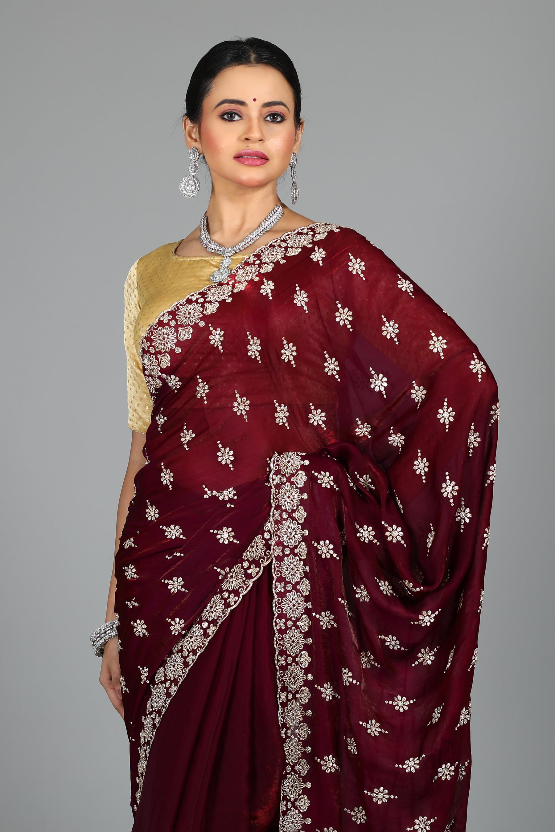 Wine Blended Georgette Saree