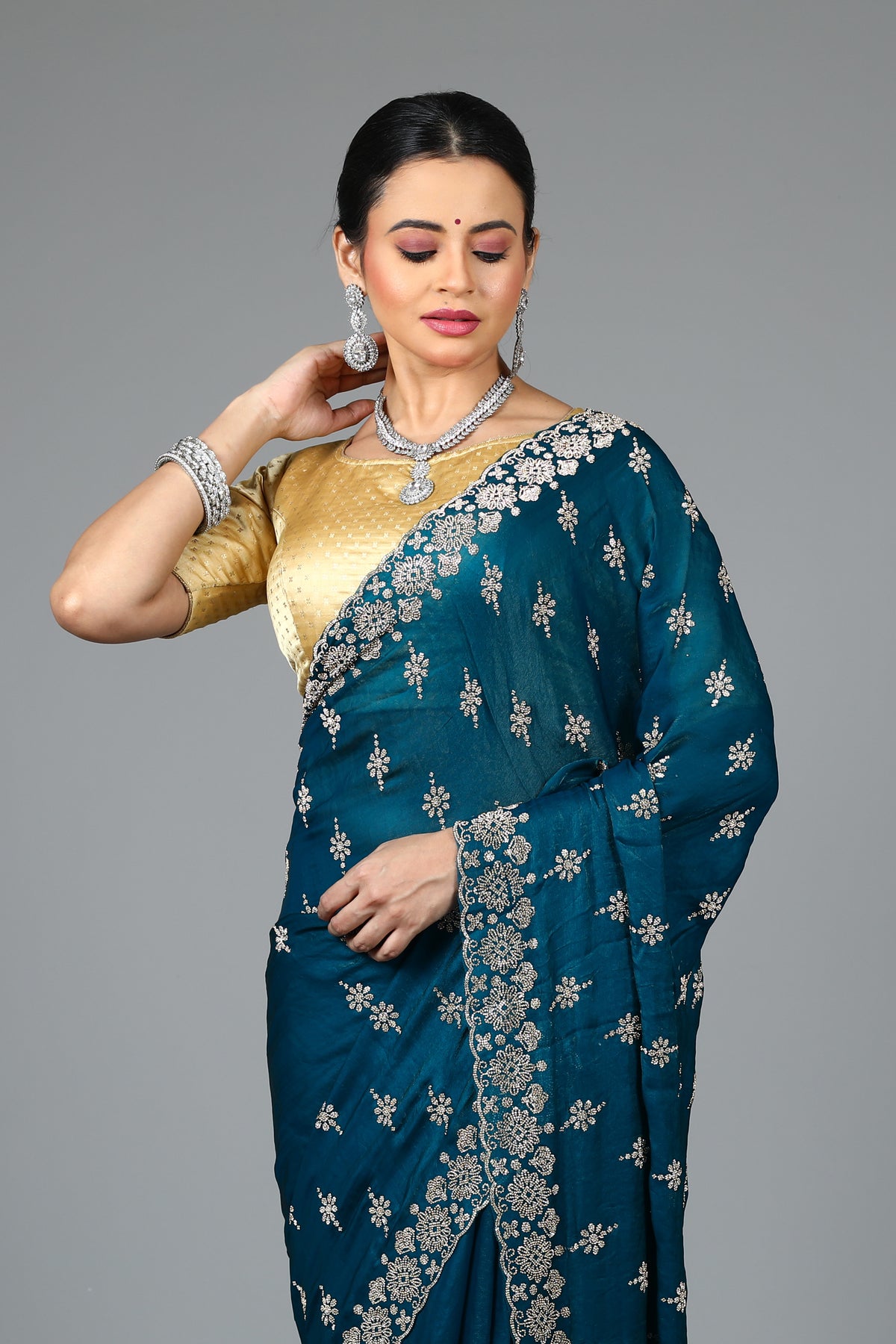 Sea Green Blended Georgette Saree