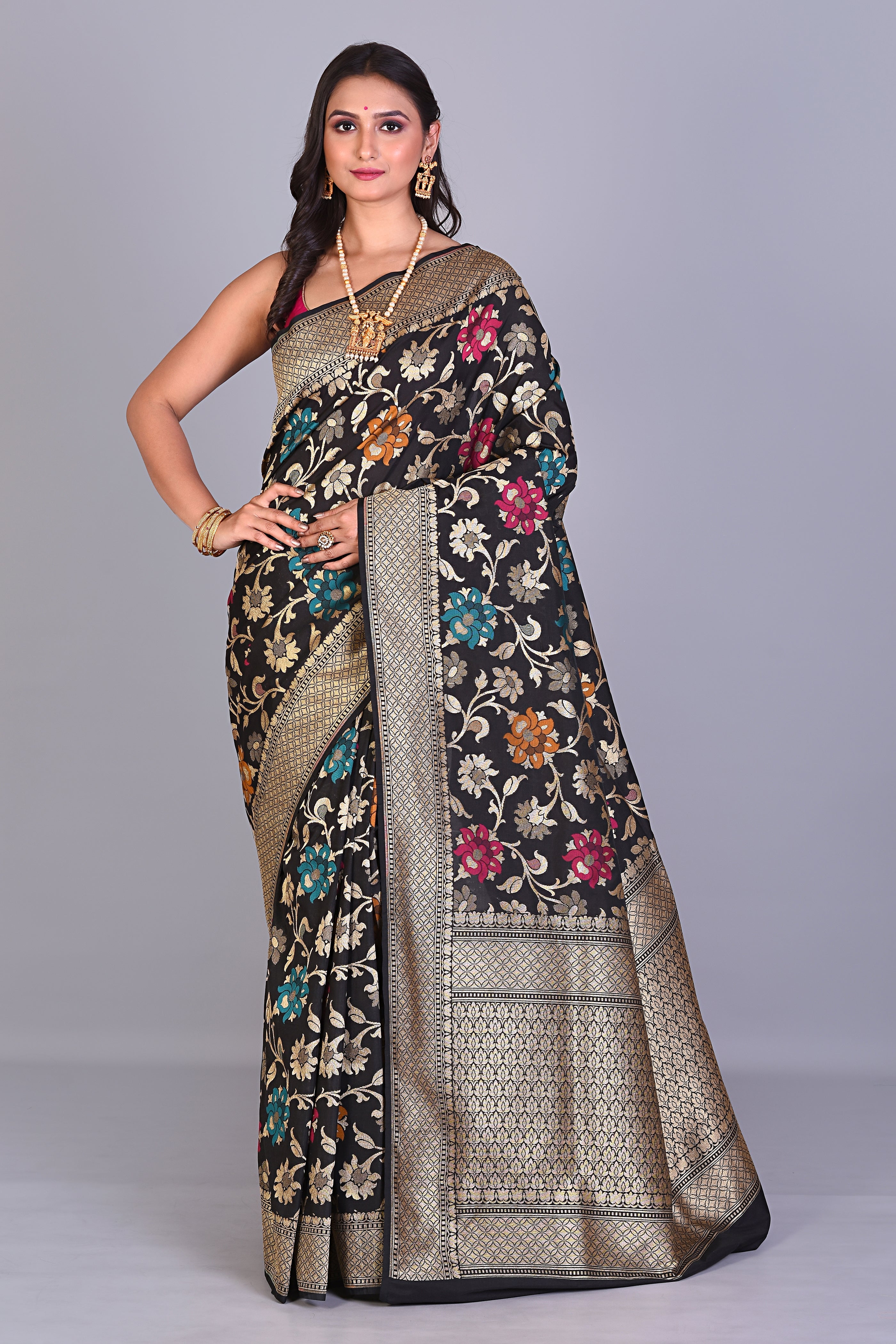 Black Blended Dupion Silk Saree with Meenakari Works - Keya Seth Exclusive