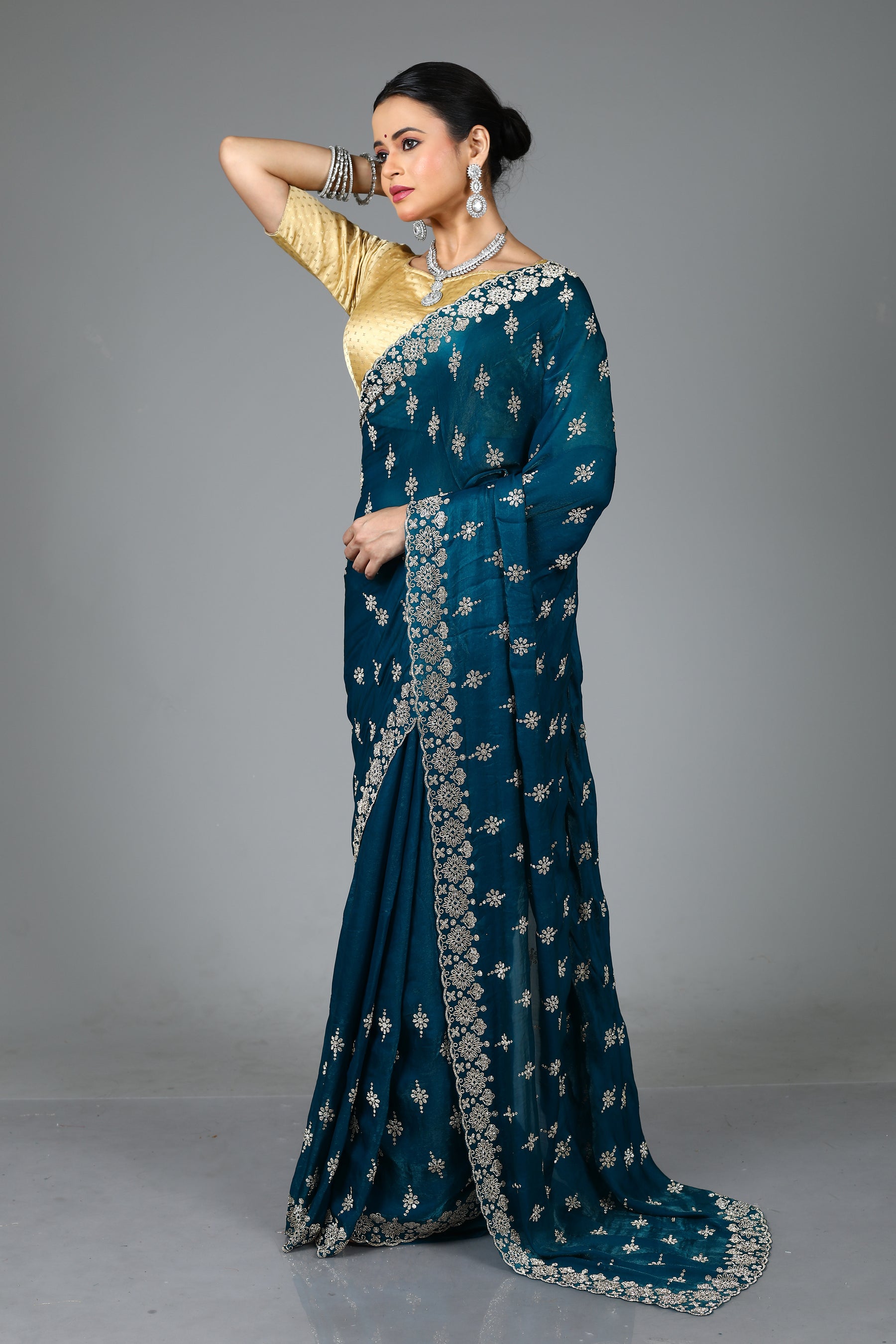 Sea Green Blended Georgette Saree