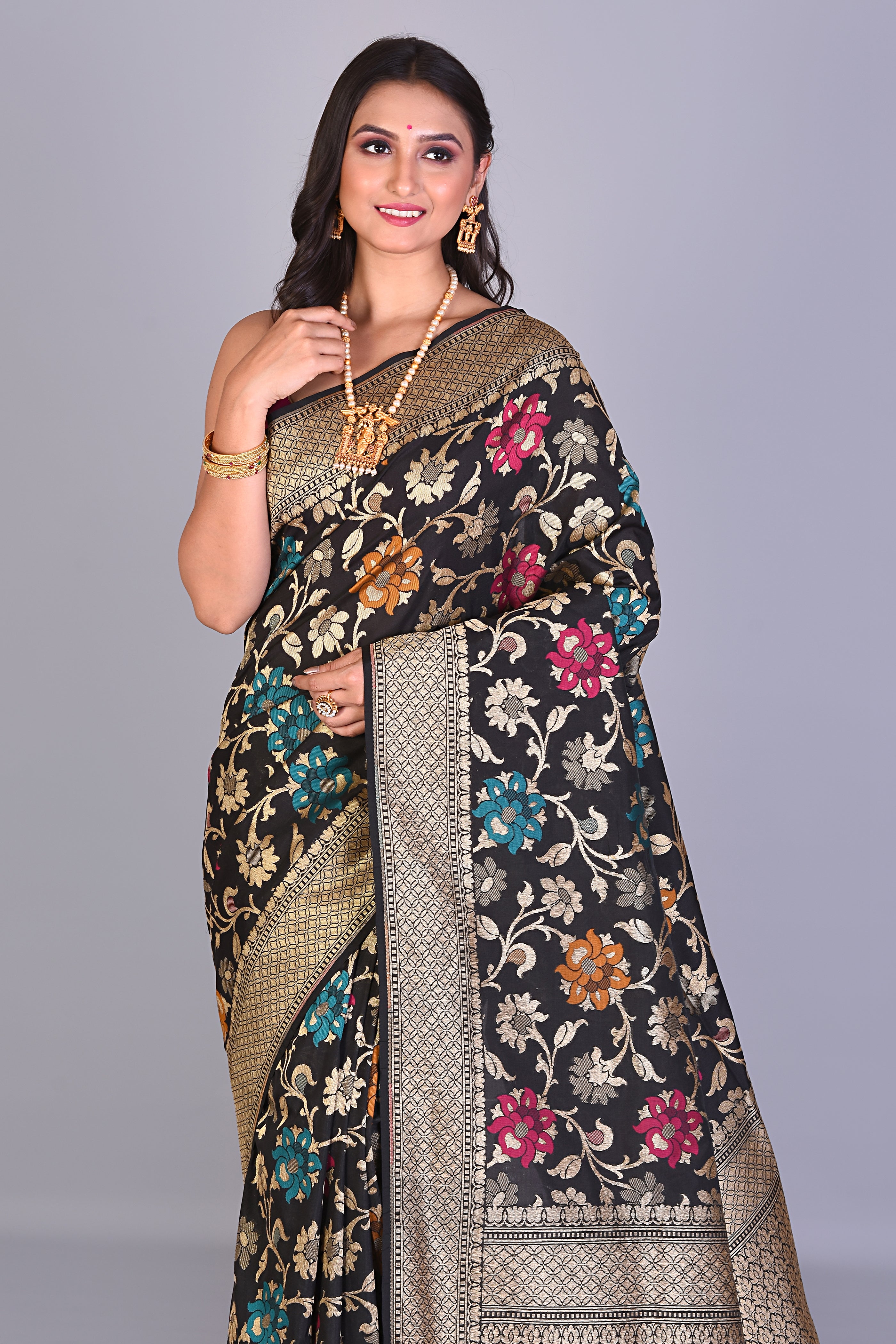 Black Blended Dupion Silk Saree with Meenakari Works - Keya Seth Exclusive