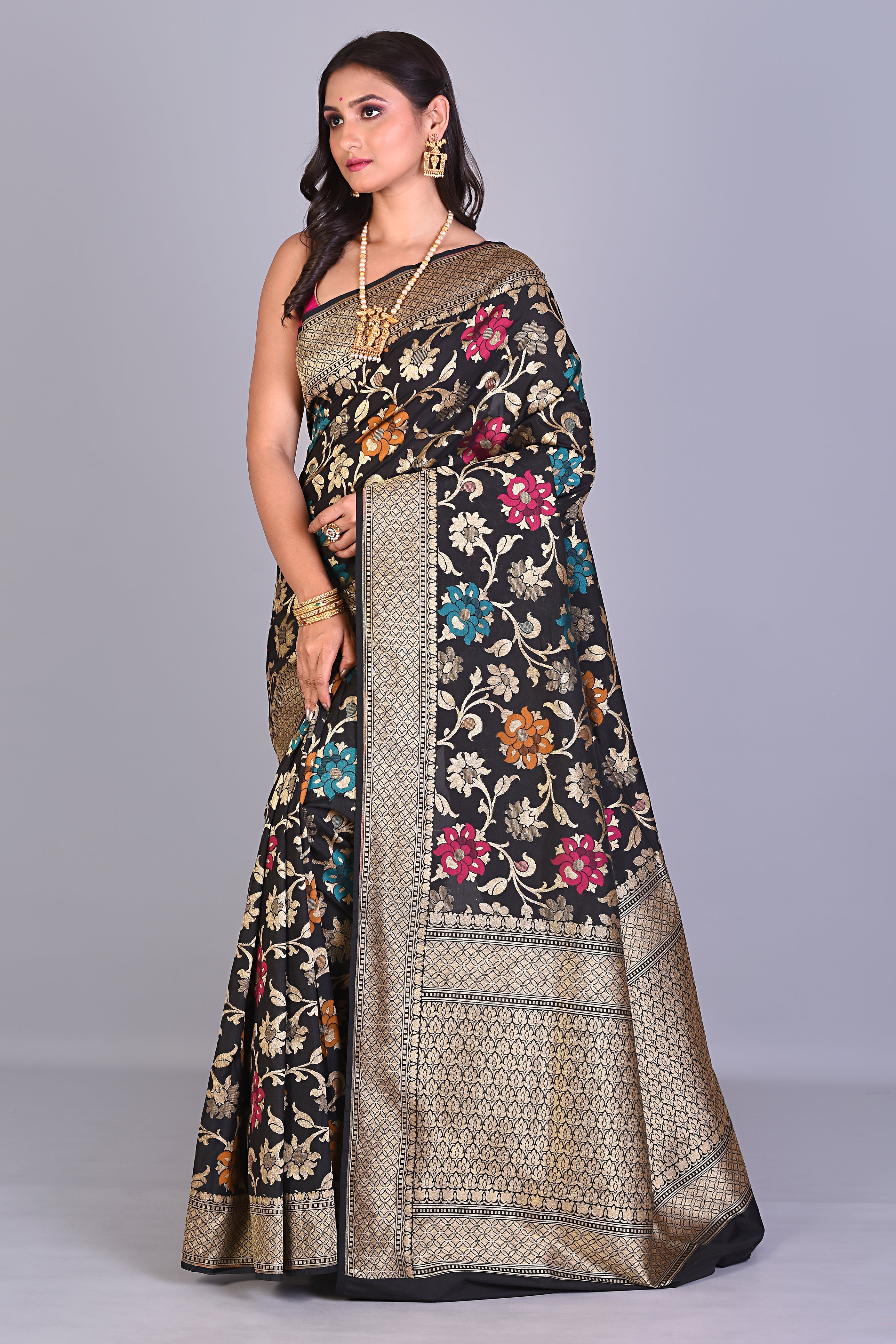 Black Blended Dupion Silk Saree with Meenakari Works - Keya Seth Exclusive