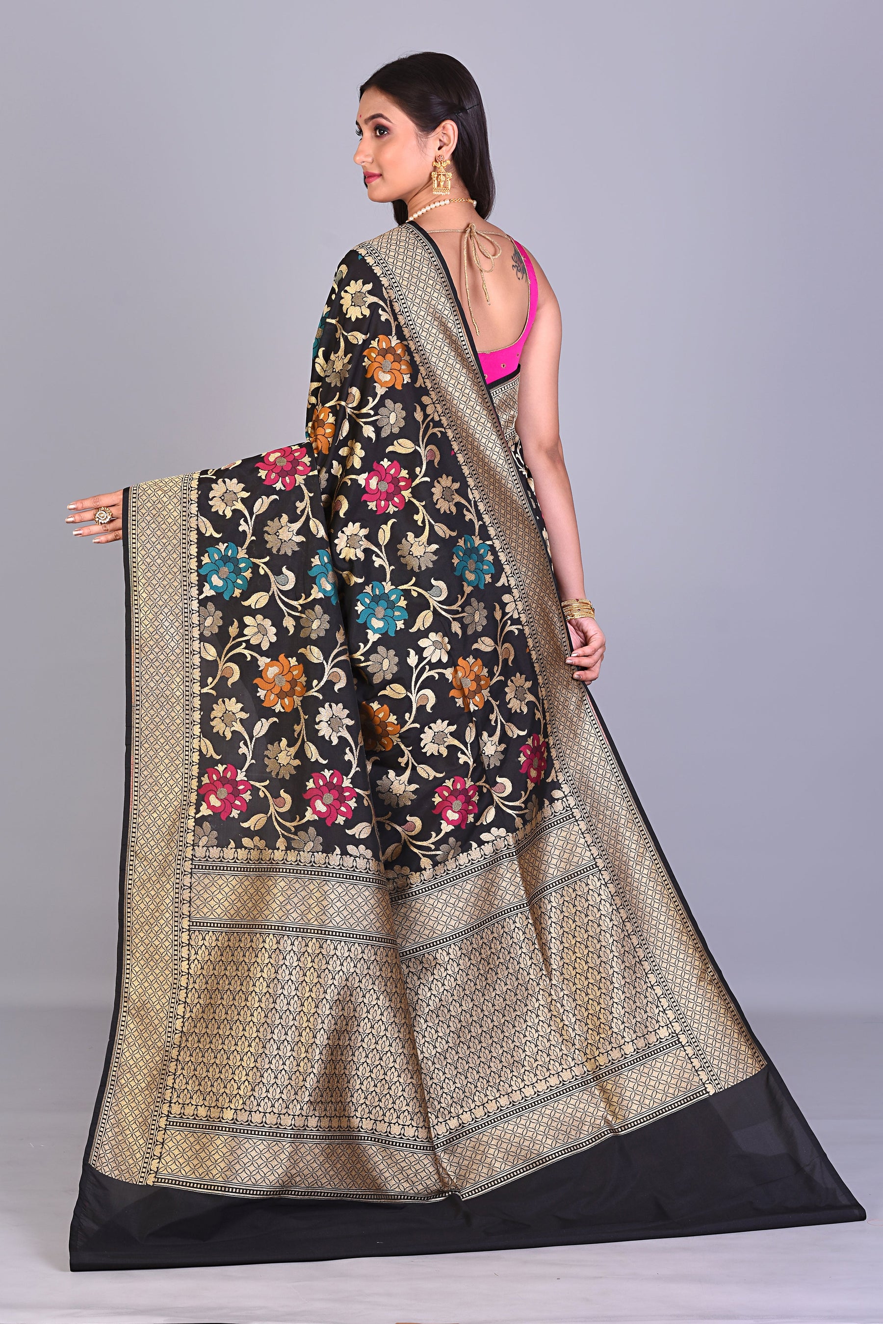 Black Blended Dupion Silk Saree with Meenakari Works - Keya Seth Exclusive