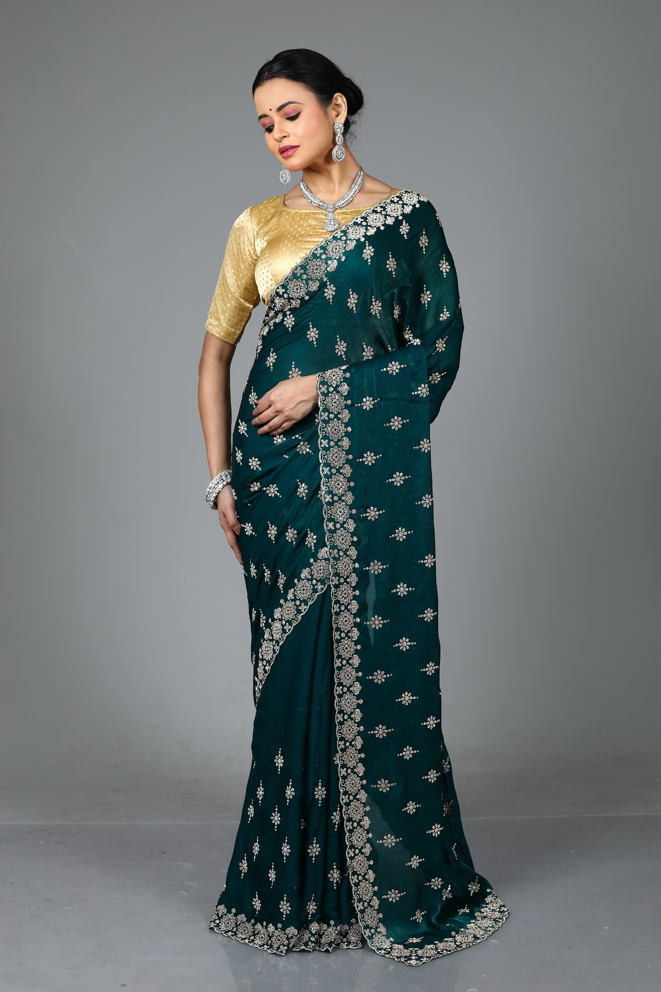 Bottle Green Blended Georgette Saree
