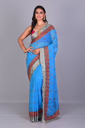 Blue Blended Georgette Saree with Floral Works - Keya Seth Exclusive