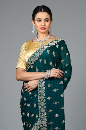 Bottle Green Blended Georgette Saree