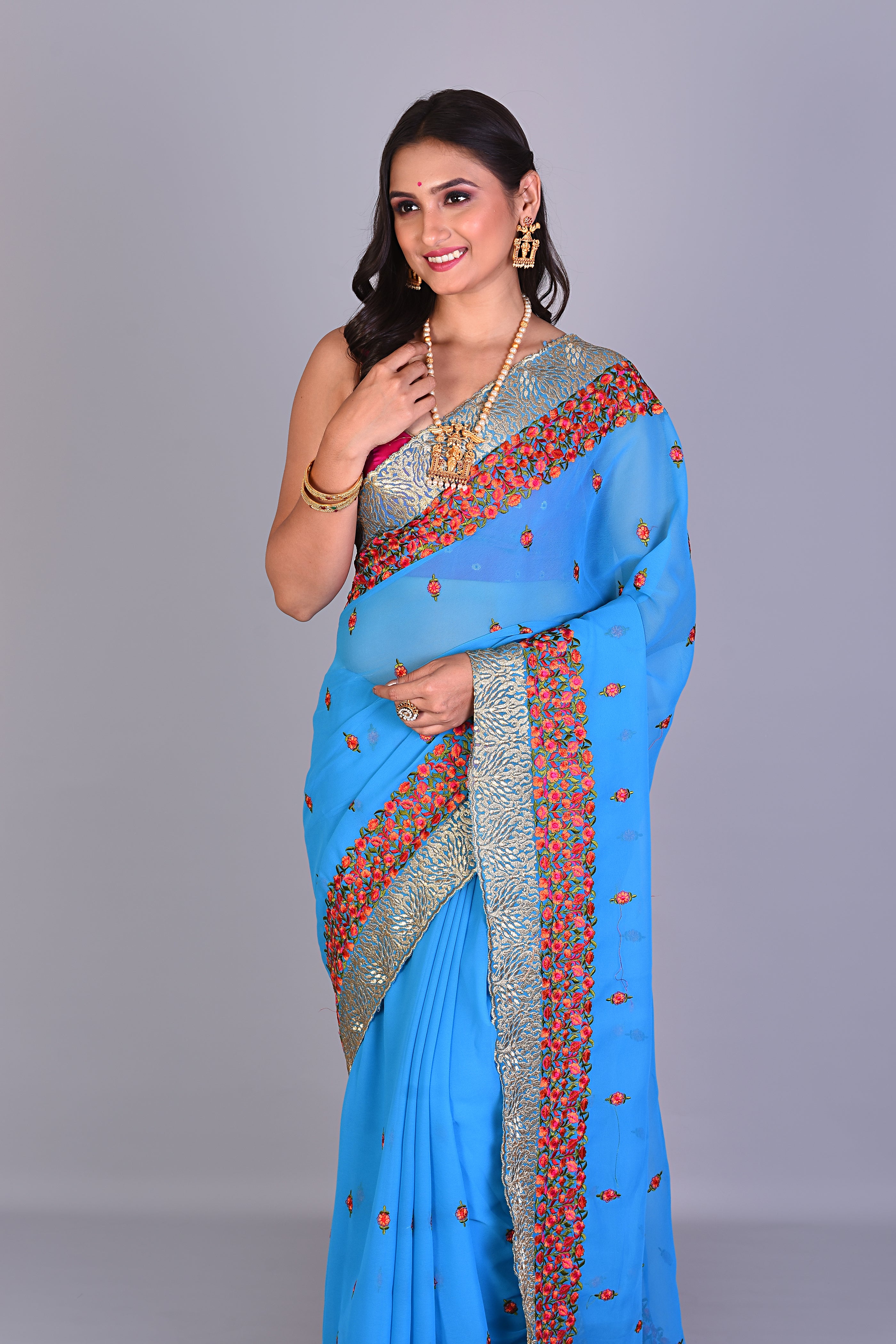 Blue Blended Georgette Saree with Floral Works - Keya Seth Exclusive