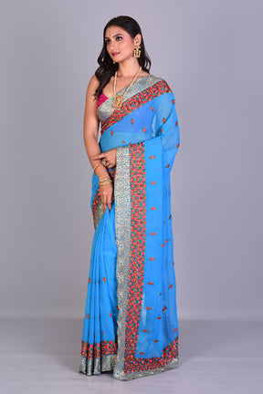 Blue Blended Georgette Saree with Floral Works - Keya Seth Exclusive