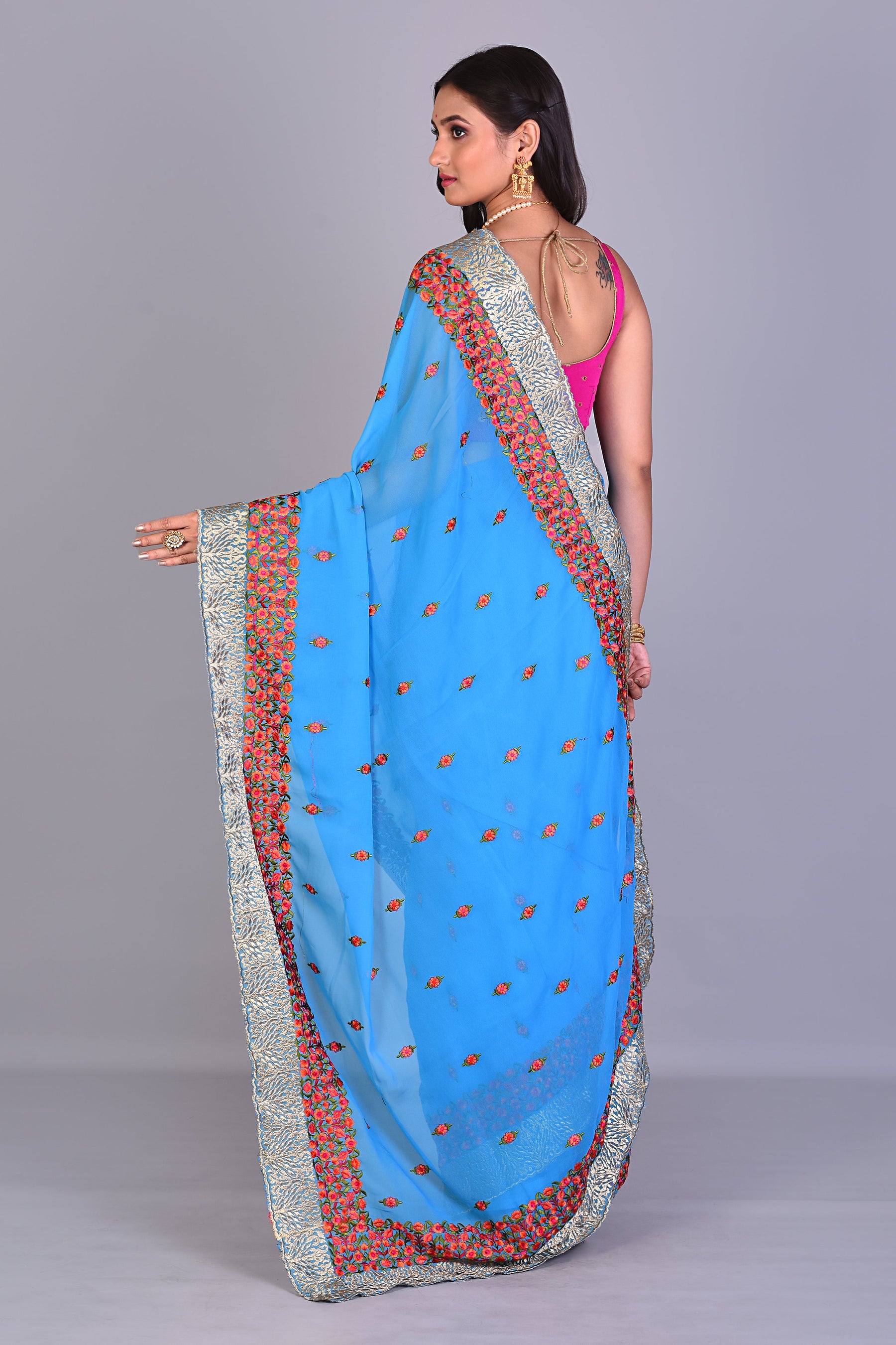 Blue Blended Georgette Saree with Floral Works - Keya Seth Exclusive