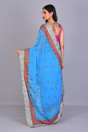 Blue Blended Georgette Saree with Floral Works - Keya Seth Exclusive