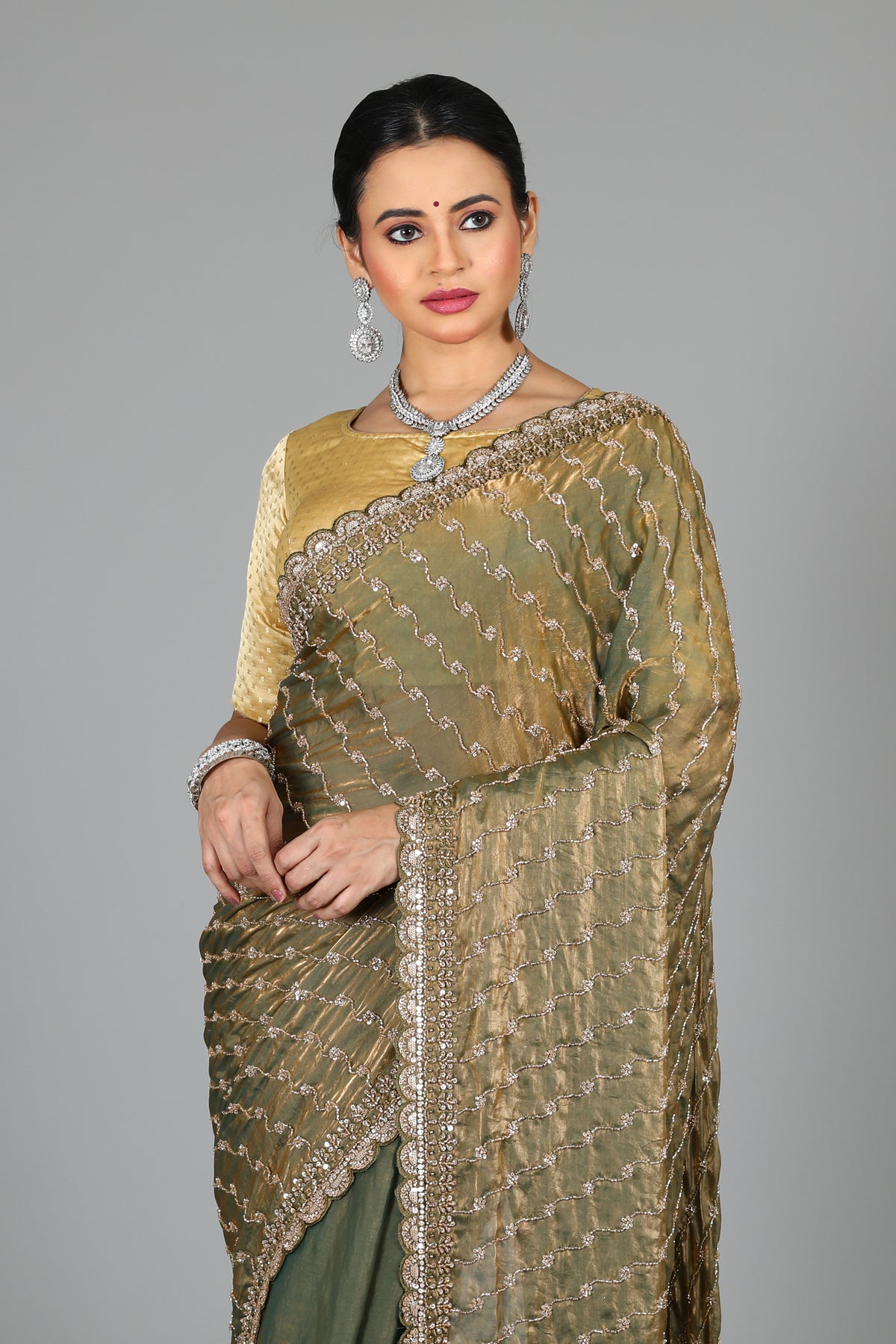 Olive Green Blended Georgette Saree