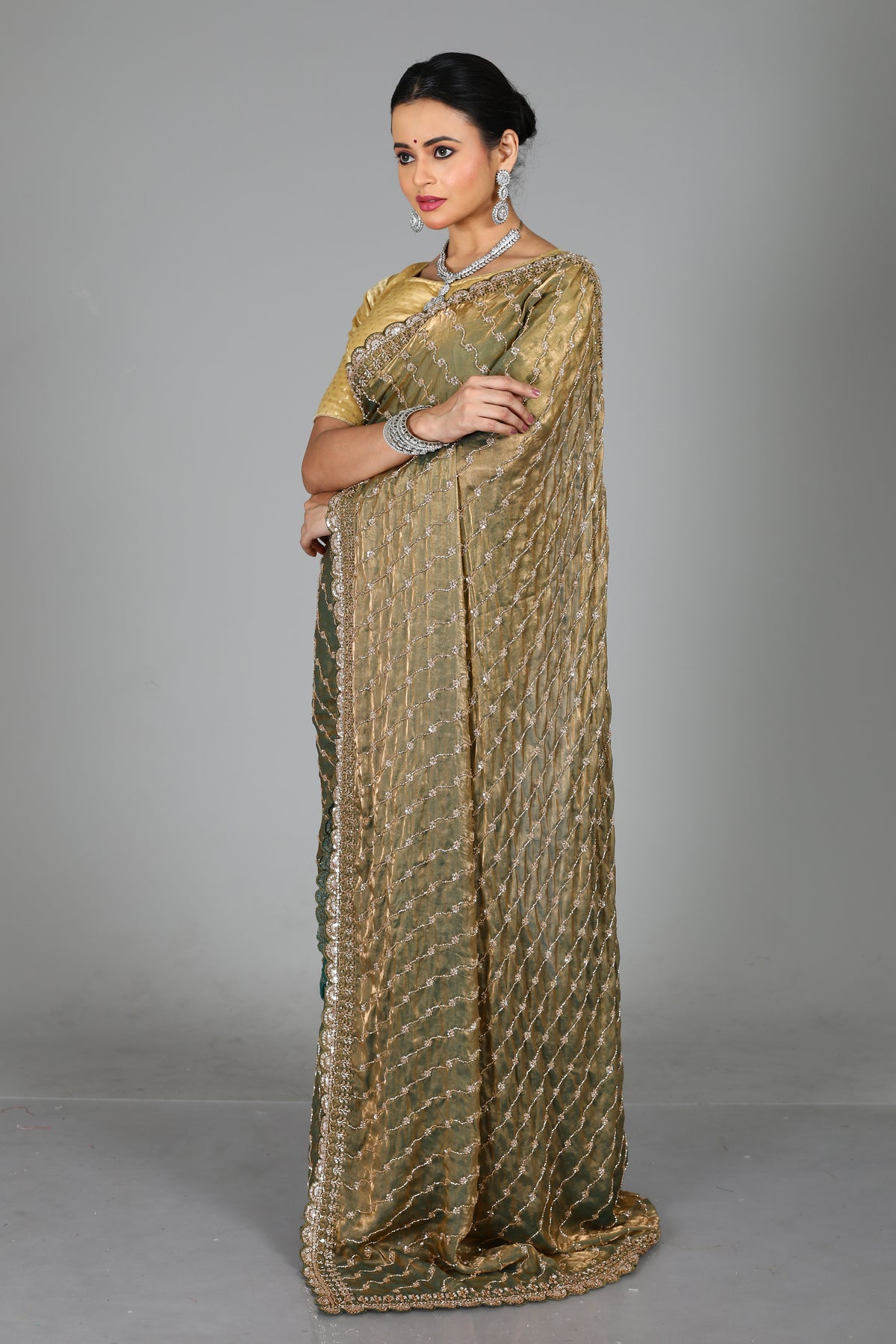 Olive Green Blended Georgette Saree